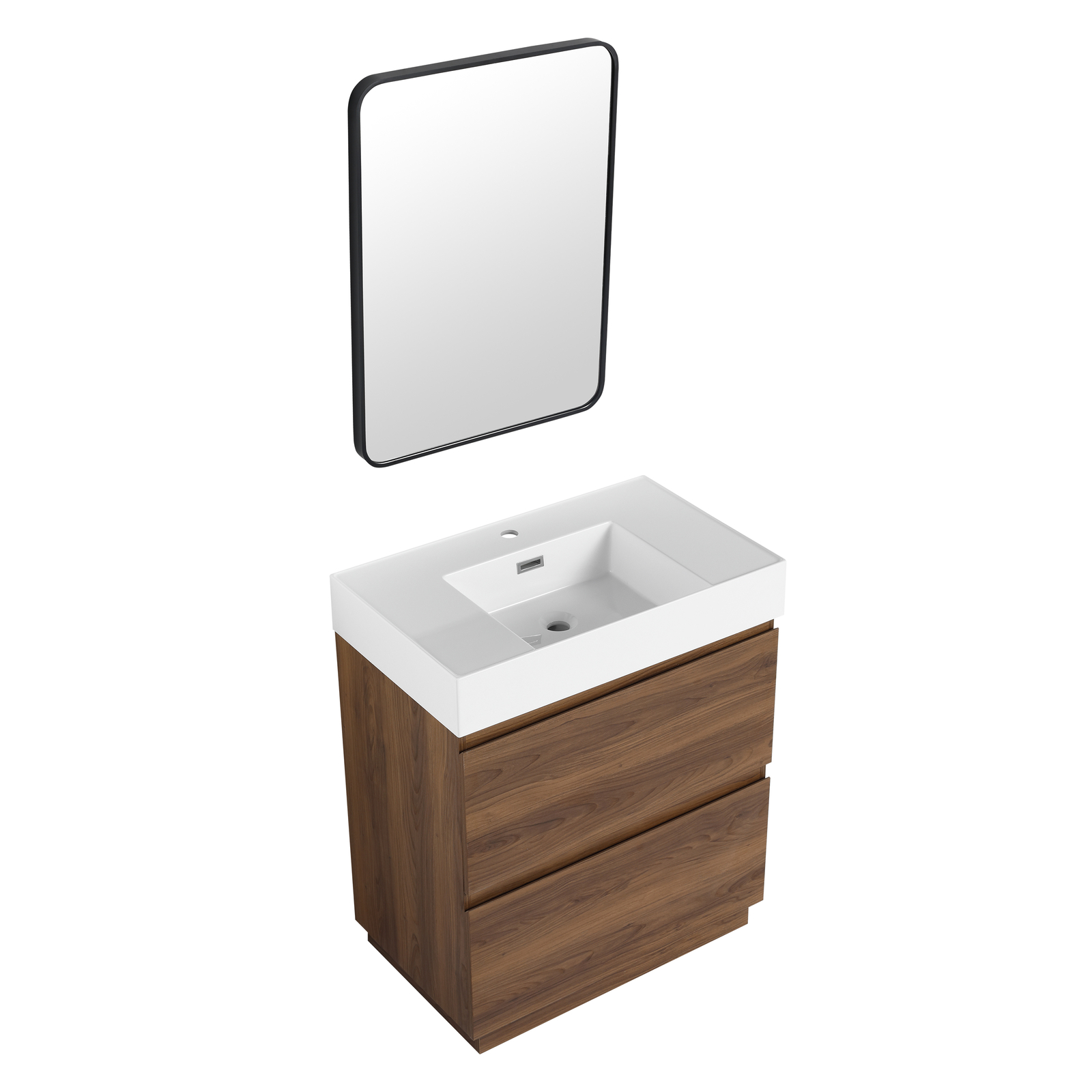 30″ Wood Freestanding Bathroom Vanity W/ Undermount Resin Sink +2 Drawers Brown