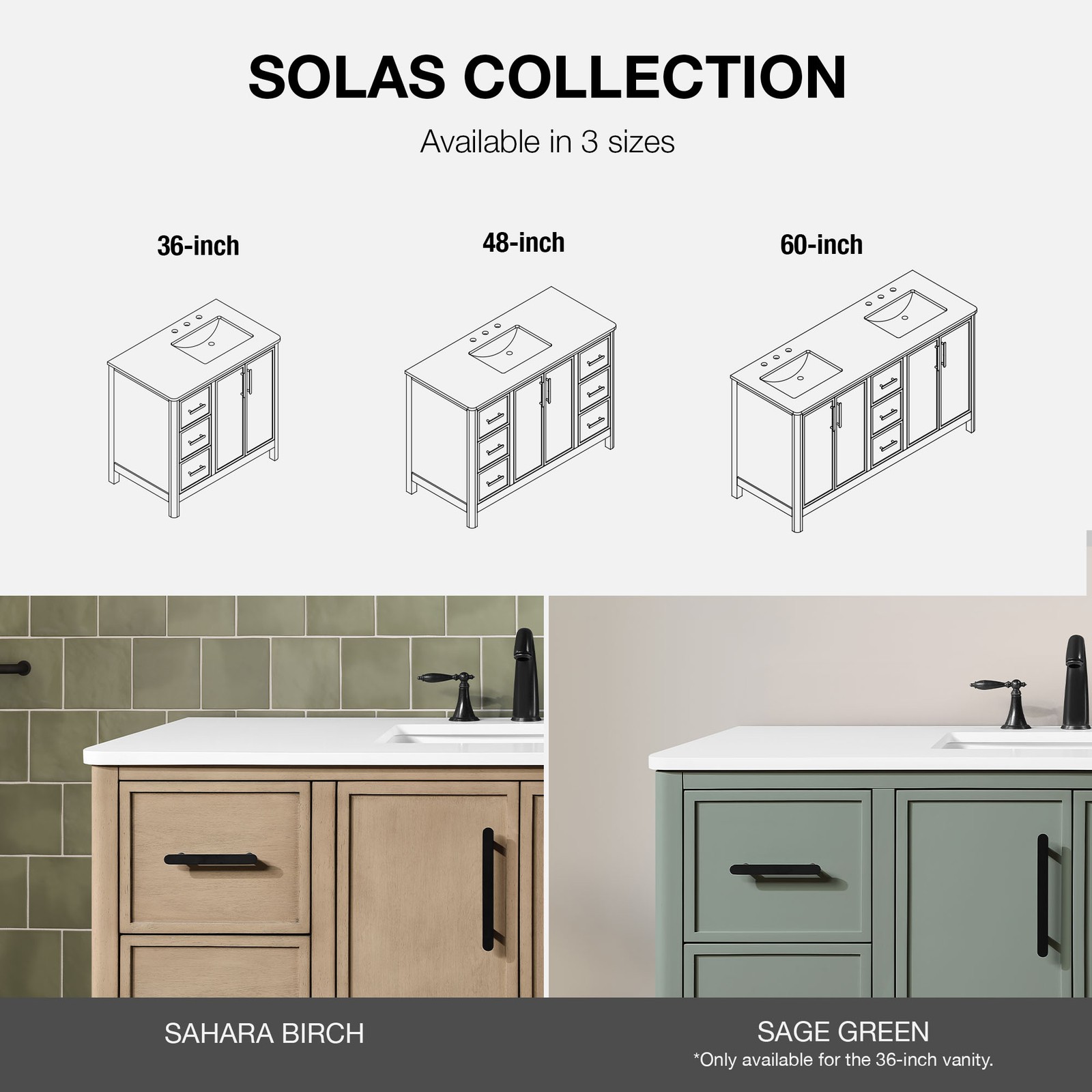 Solas 36″ Bathroom Vanity in Sage Green with White Countertop