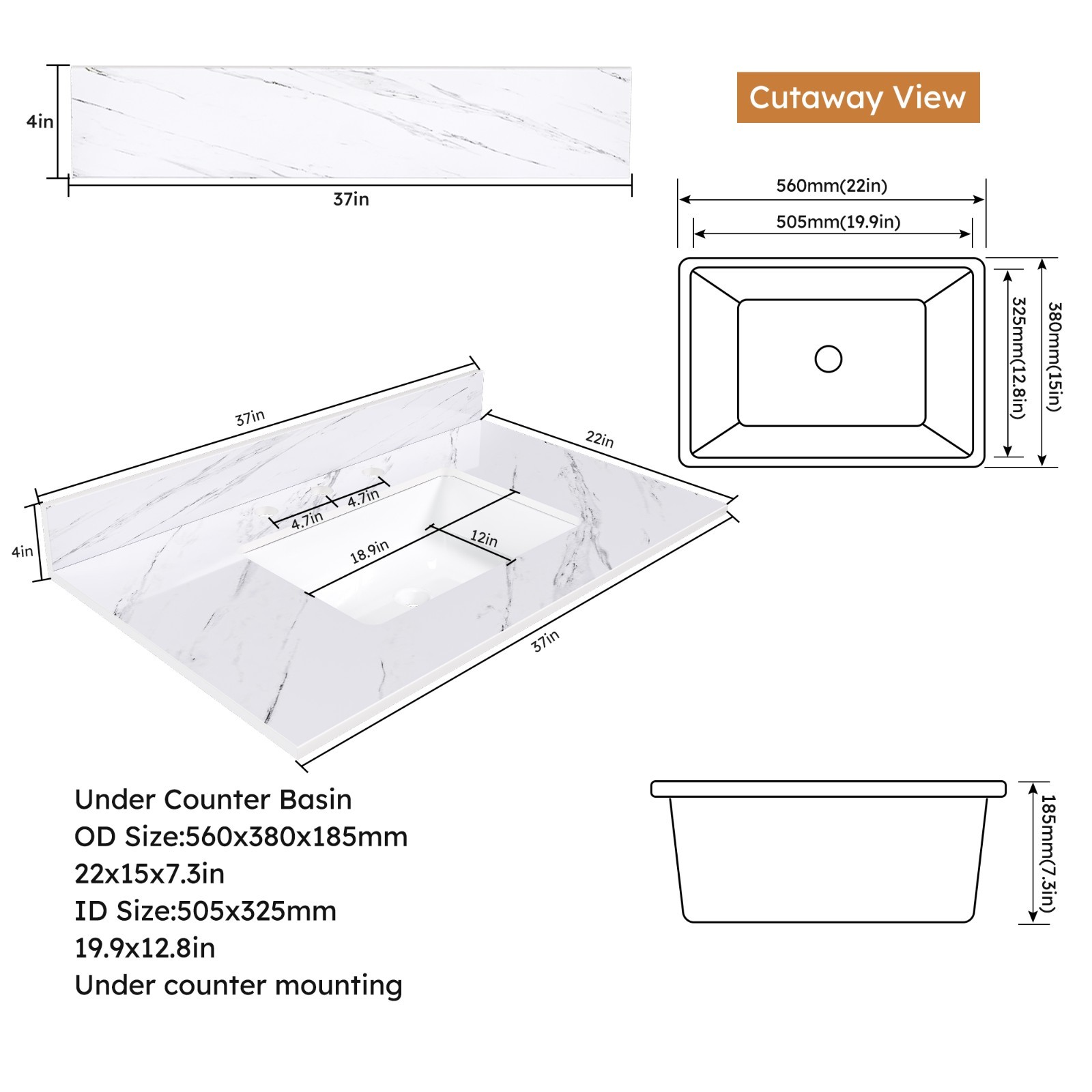 37″ White Marble Vanity Top w/ Undermount Sink, 3 Holes, 4″ Backsplash