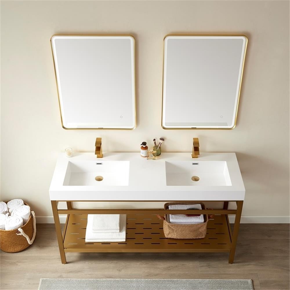 Vinnova Ablitas 60″ Double Sink Bath Vanity with Mirror – Brushed Gold/White Top