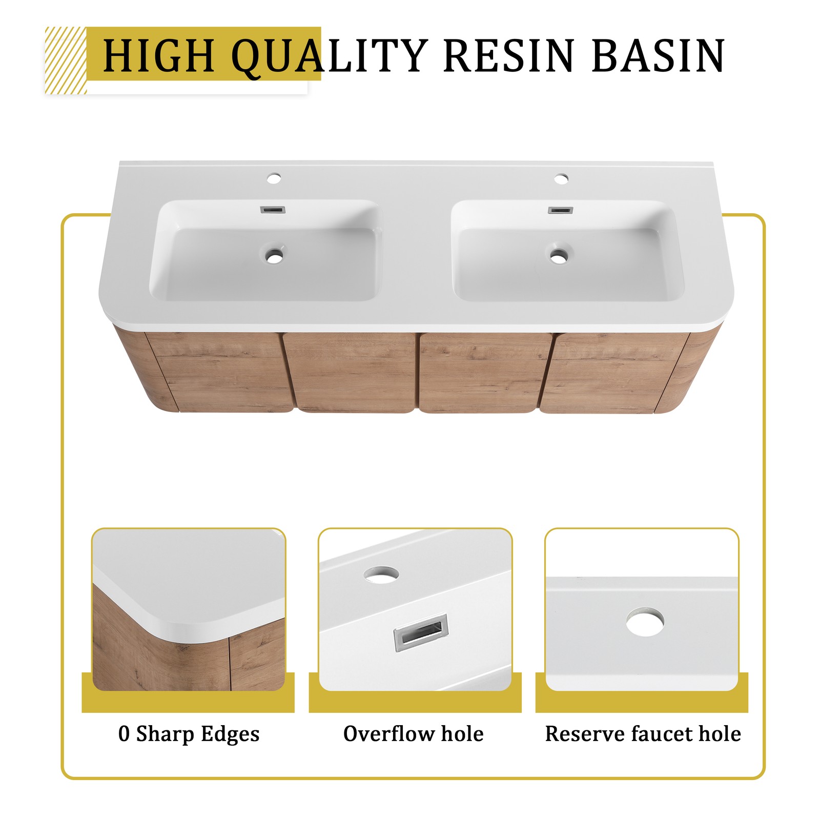 60in Plywood Wall-Mounted Bathroom Vanity with White Double Resin Sink 4 Doors
