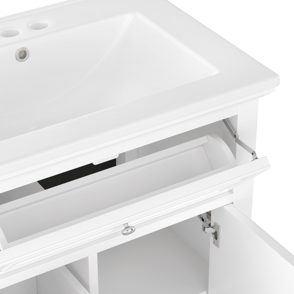 24 Inch White Bathroom Vanity with Ceramic Sink Solid Wood MDF Cabinet