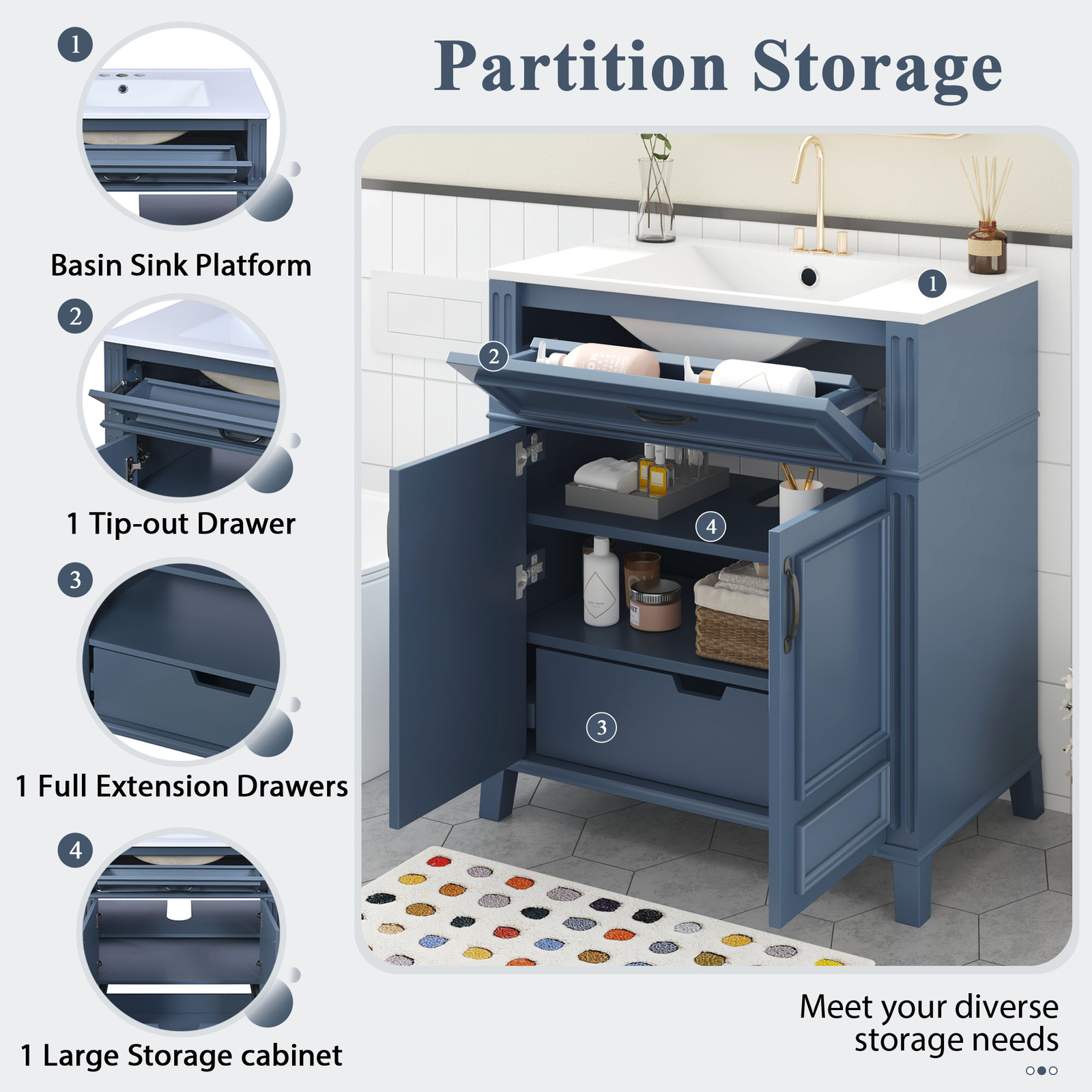 30” Bathroom Vanity with Ceramic Sink,Solid Wood Frame Bathroom Storage Cabinet