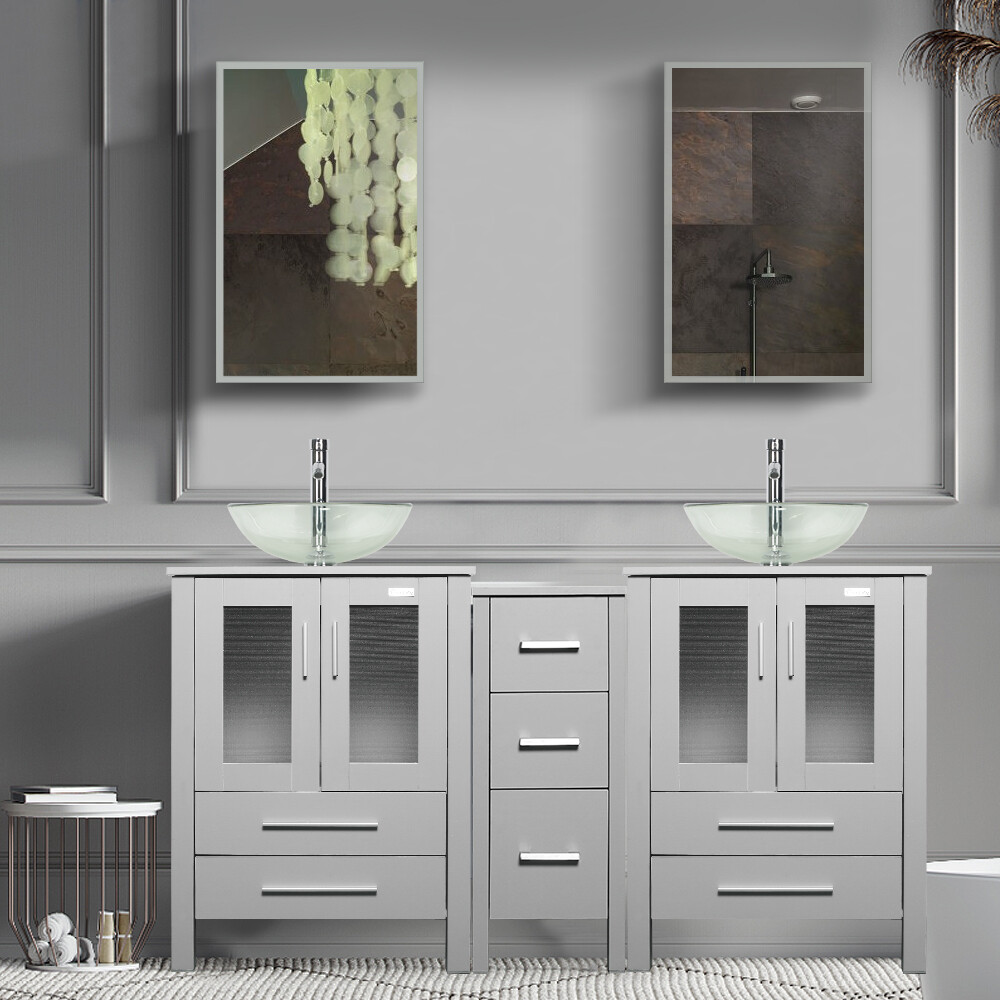 60″ Bathroom Vanity Set Gray Tempered Glass Vessel Sink Small Cabinet Combo