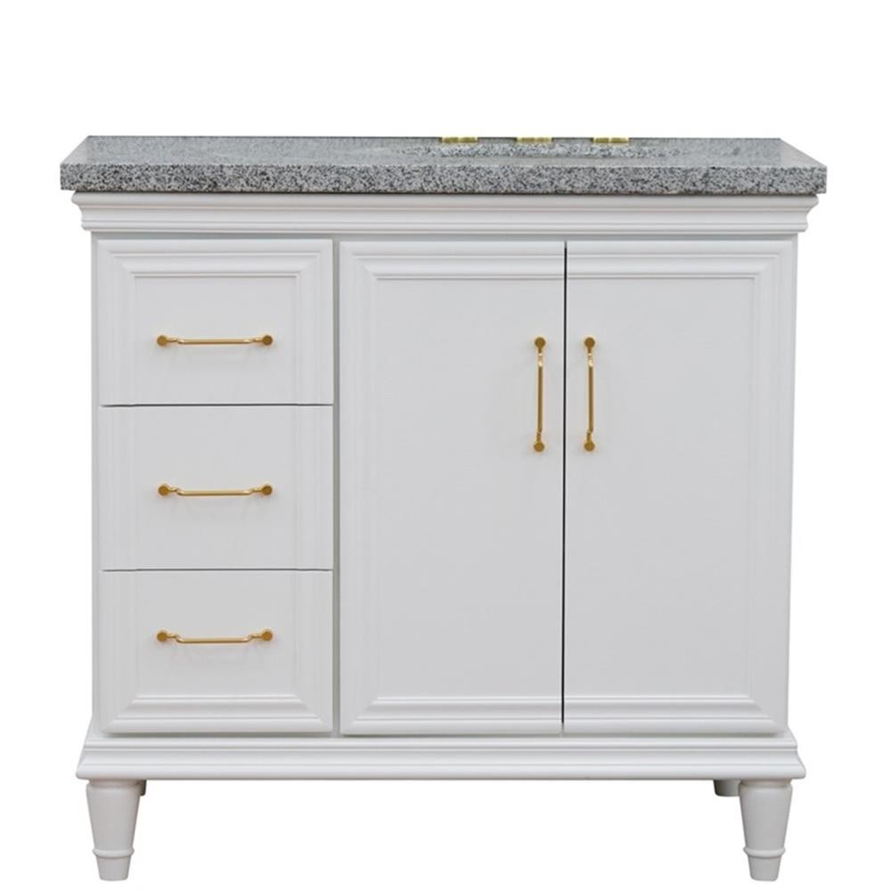 Pemberly Row 37″ Single Wood Vanity White Gray Granite Oval Right Door & Sink