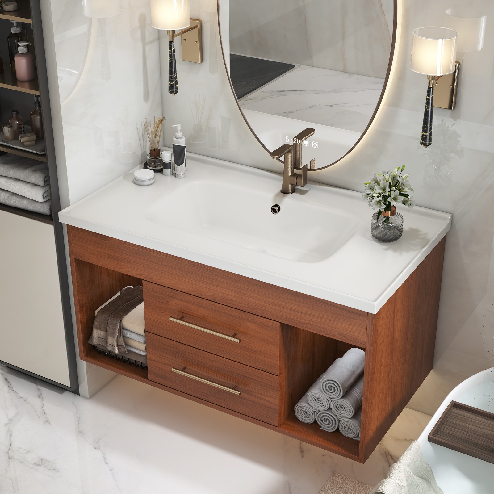 35.4″ Mid-Century Modern Bathroom Vanity with Ceramic Sink White Walnut