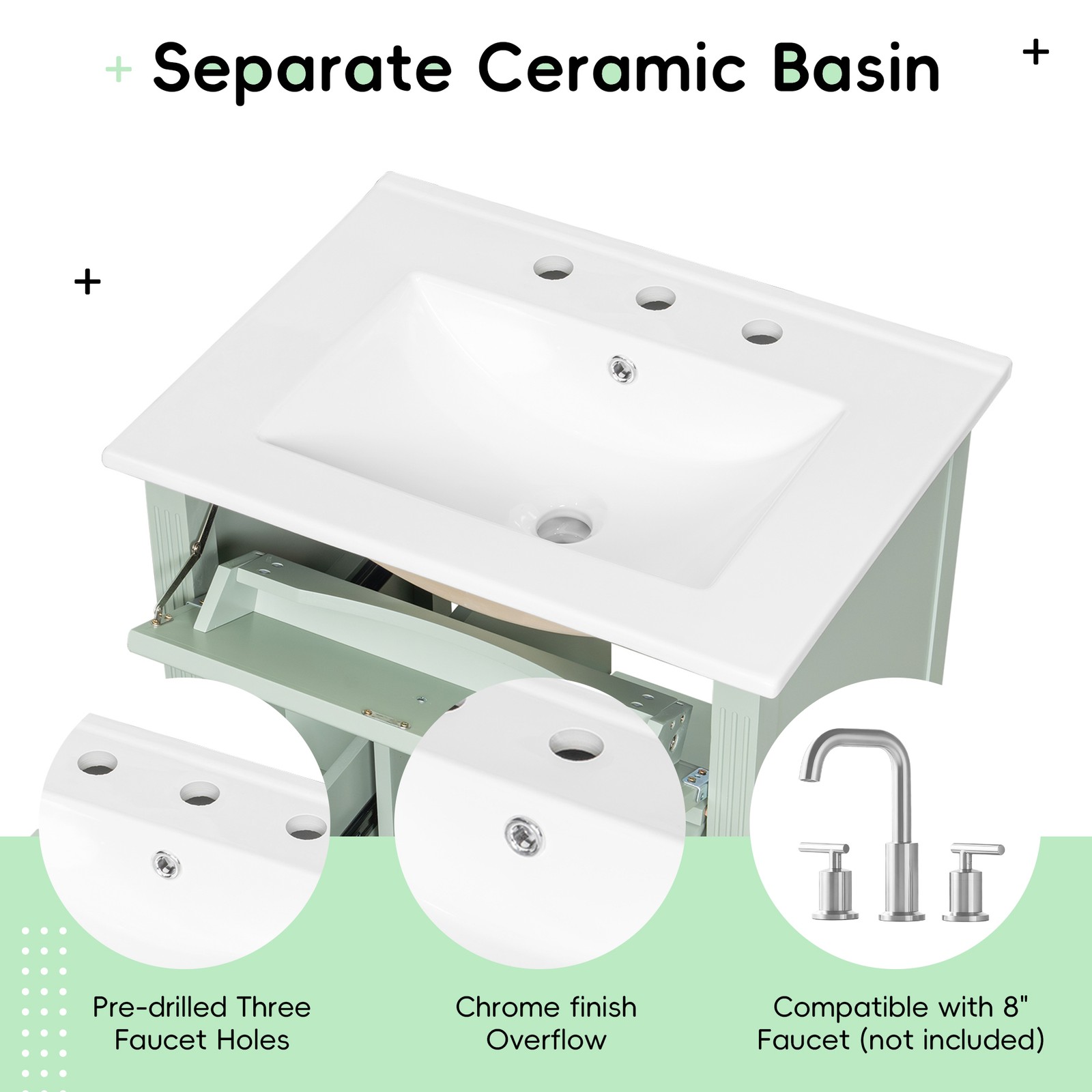 24″ Bathroom Vanity with Sink, Solid Wood & MDF Cabinet, Green