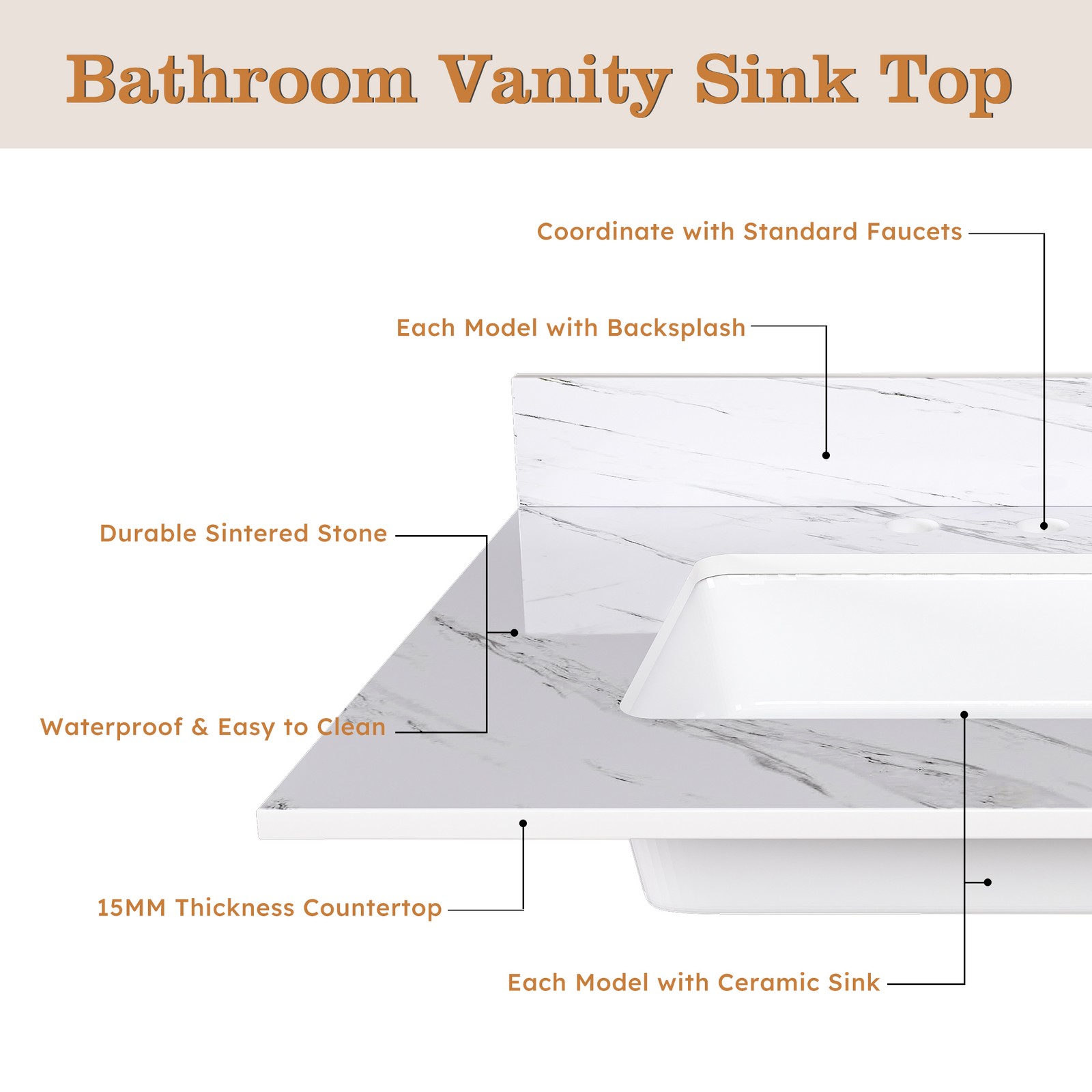 43″ Marble Vanity Top White with 3 Faucet Holes Undermount Sink 4″ Backsplash