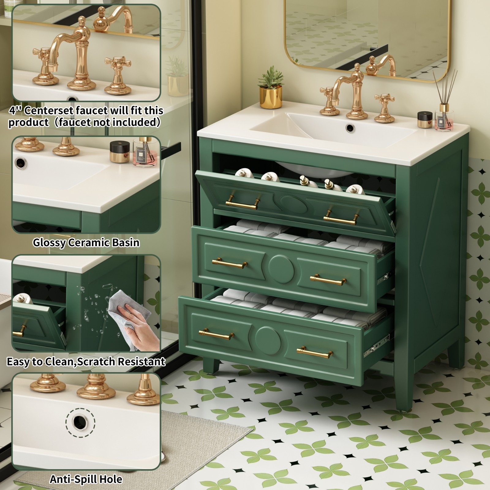 30″ Bathroom Vanity Storage Cabinet With Ceramic Sink 3 Drawers Gold Handles