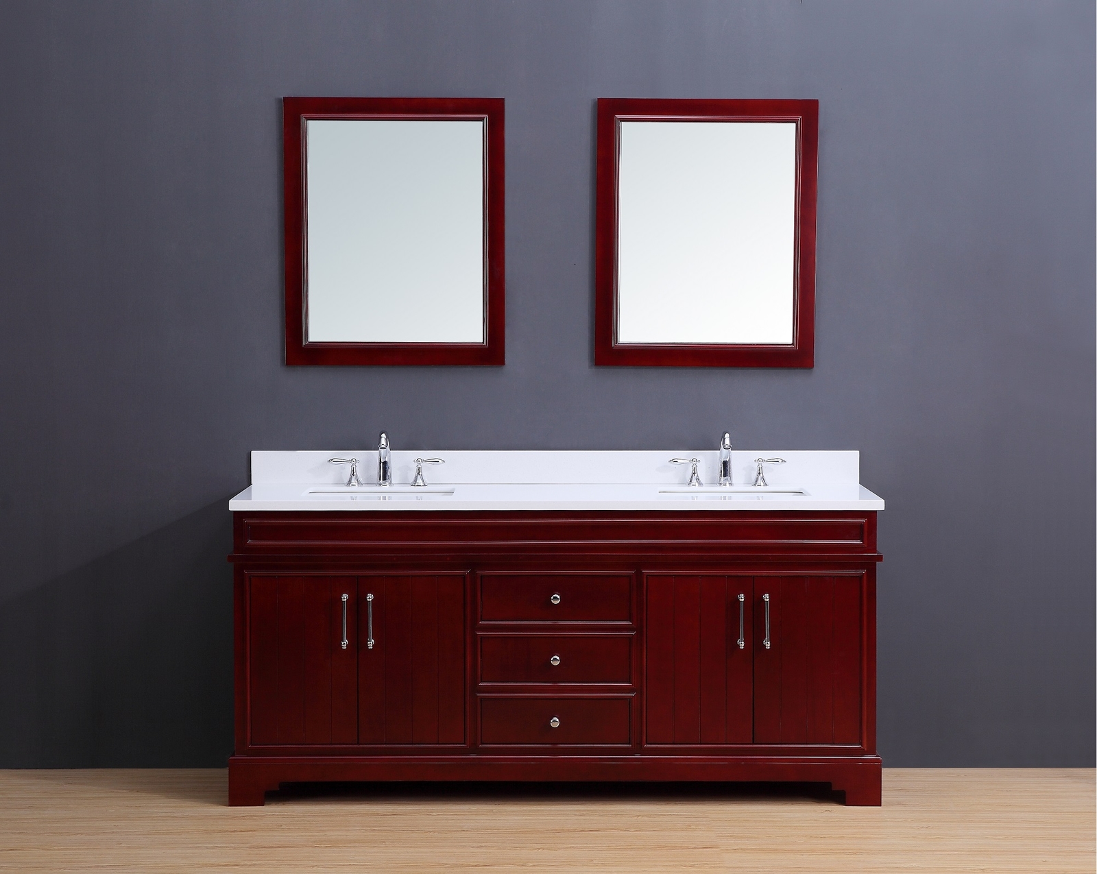 72″ Transitional Bathroom Vanity Set – White Quartz Top – Cherry Finish – Marina