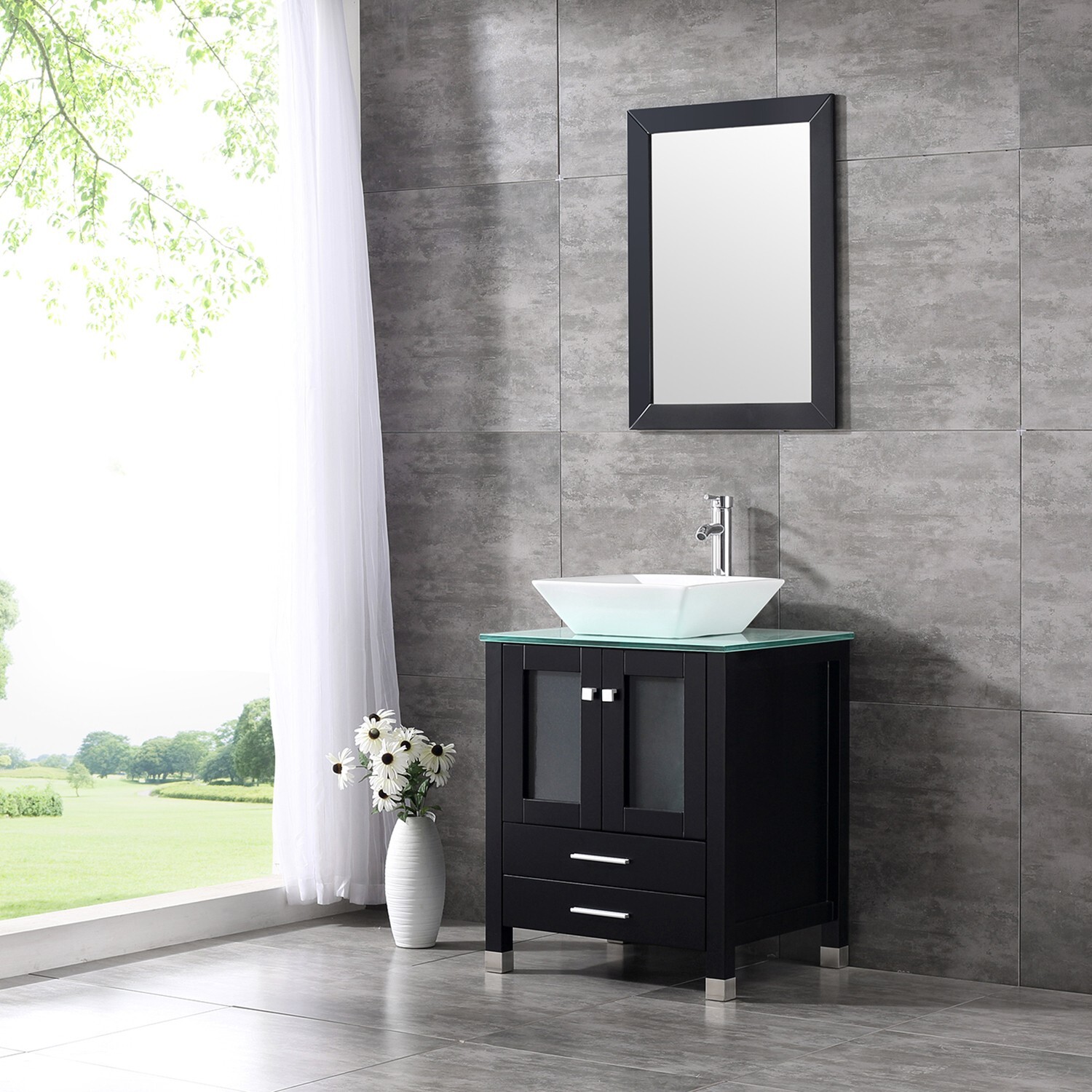 24” Single Black Bathroom Vanity Cabinet Ceramic Vessel Sink w/ Faucet Mirror