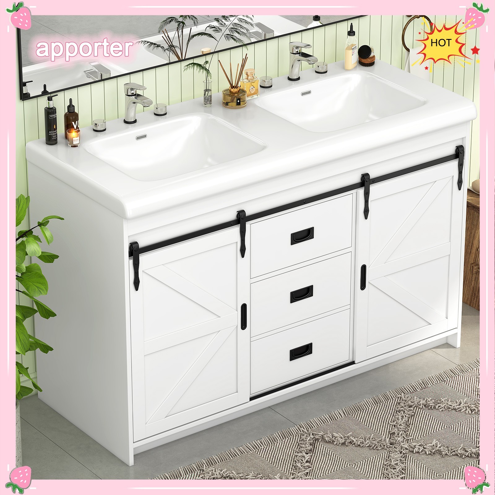 46″ Bathroom Vanity Double Sink, Freestanding Storage Vanity Cabinet & 2 Drawers