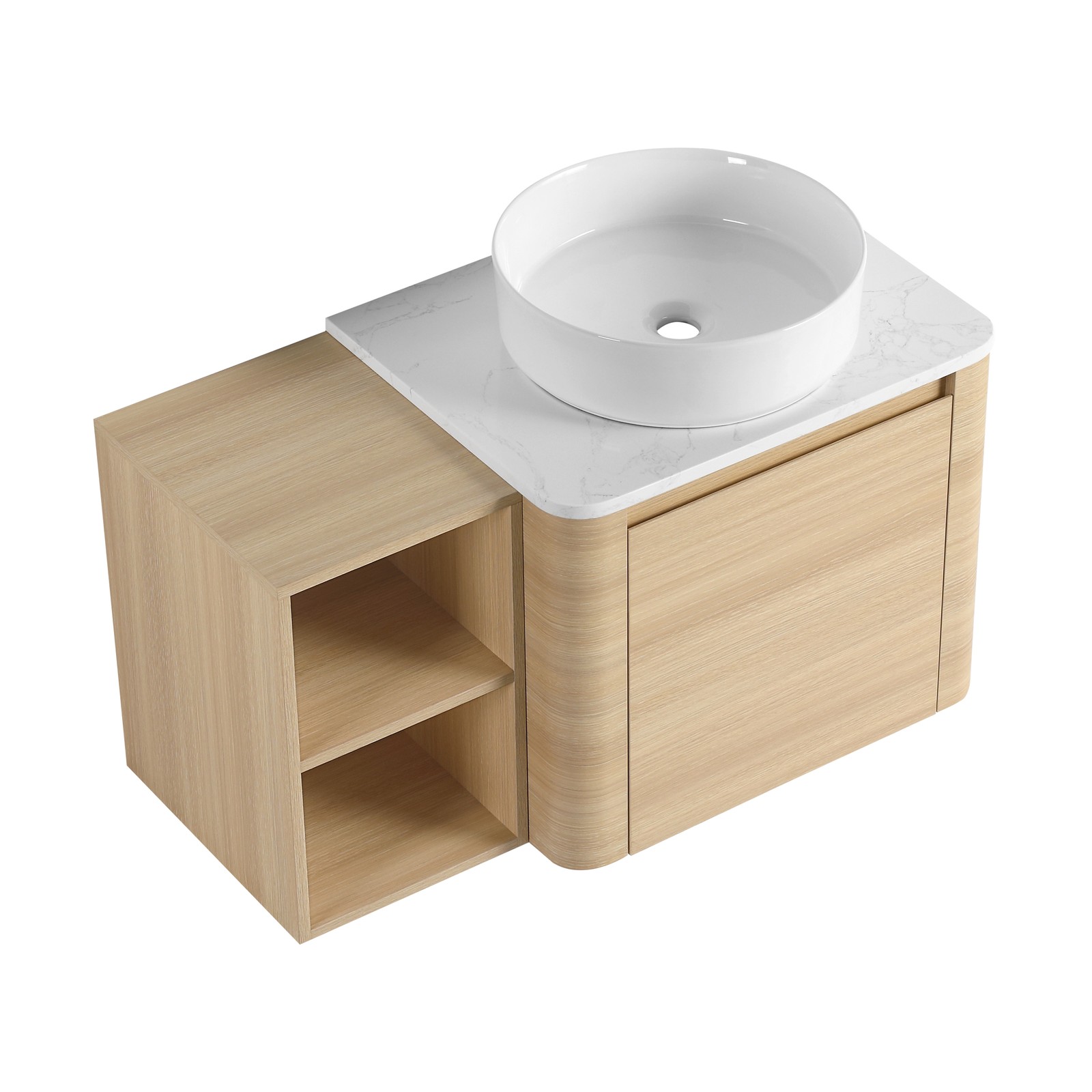36in Plywood Floating Bathroom Vanity W/White Ceramic Basin Sink Storage Shelves