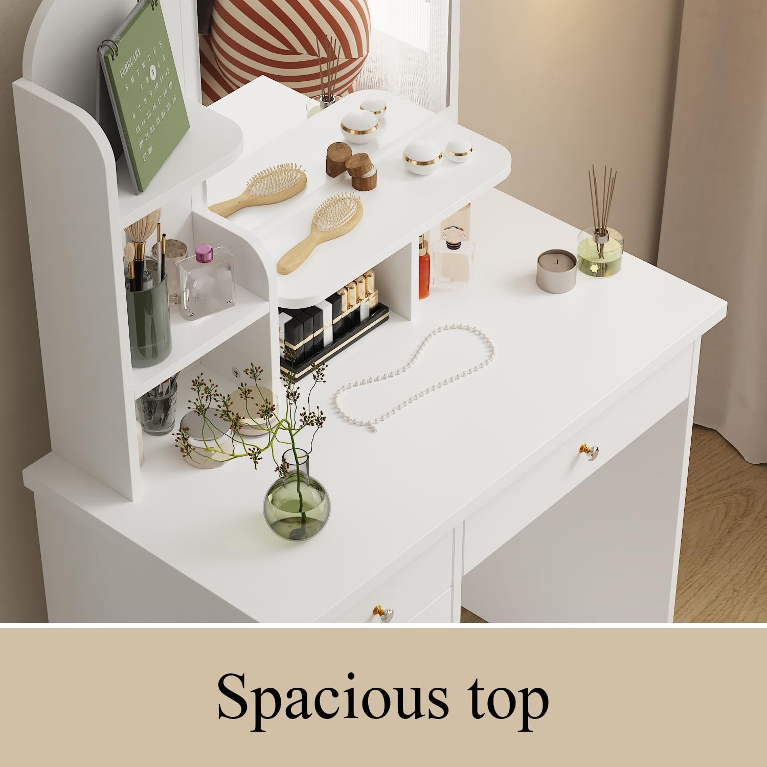 White Vanity Set with Mirror Dressing Table Desk Stool 5 Drawers Shelves
