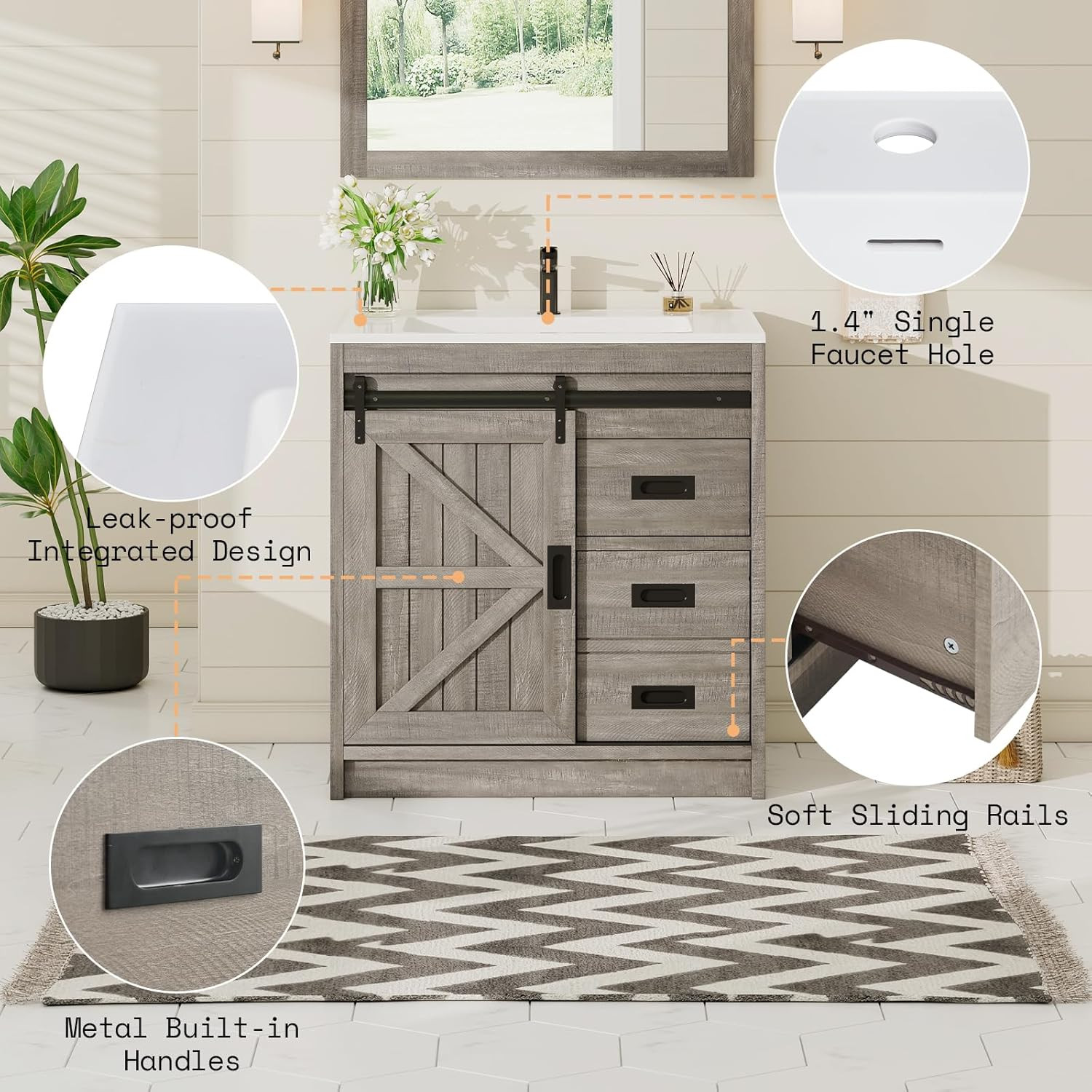 AMERLIFE Farmhouse Bathroom Vanity with Sink Combo, 31In Sliding Barn Door Bathr