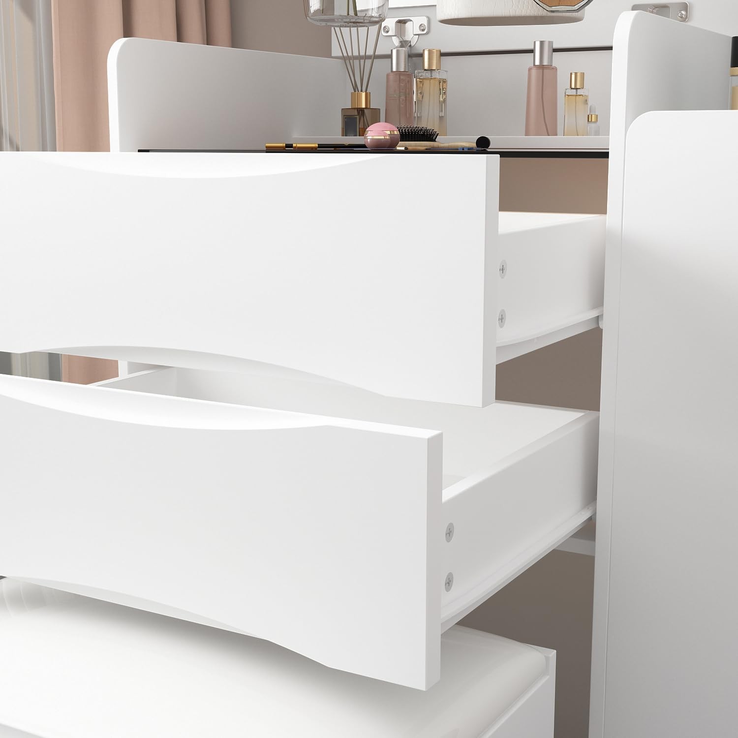 White Vanity Set with LED Mirror 3-Tier Shelf Stool Drawers Organizer Glass Top