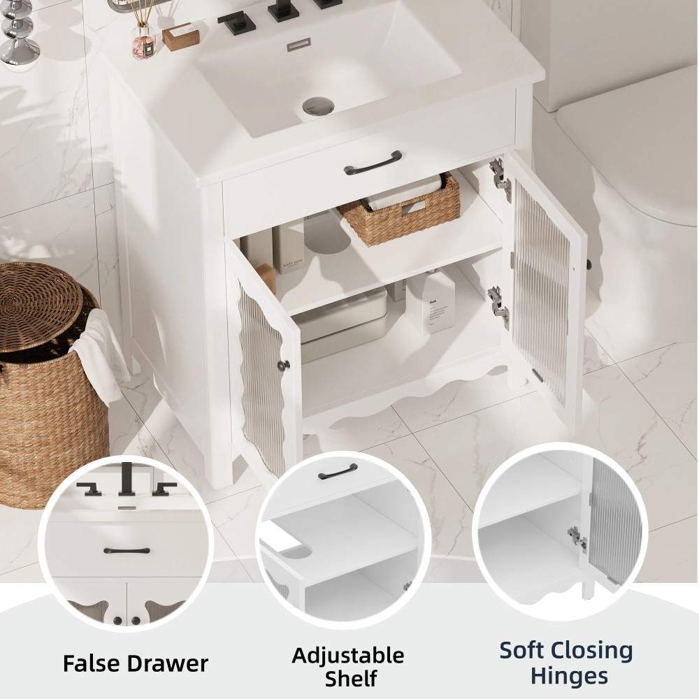 31″ Bathroom Vanity with Tempered Glass, Modern Cabinet with Rubber Wood legs