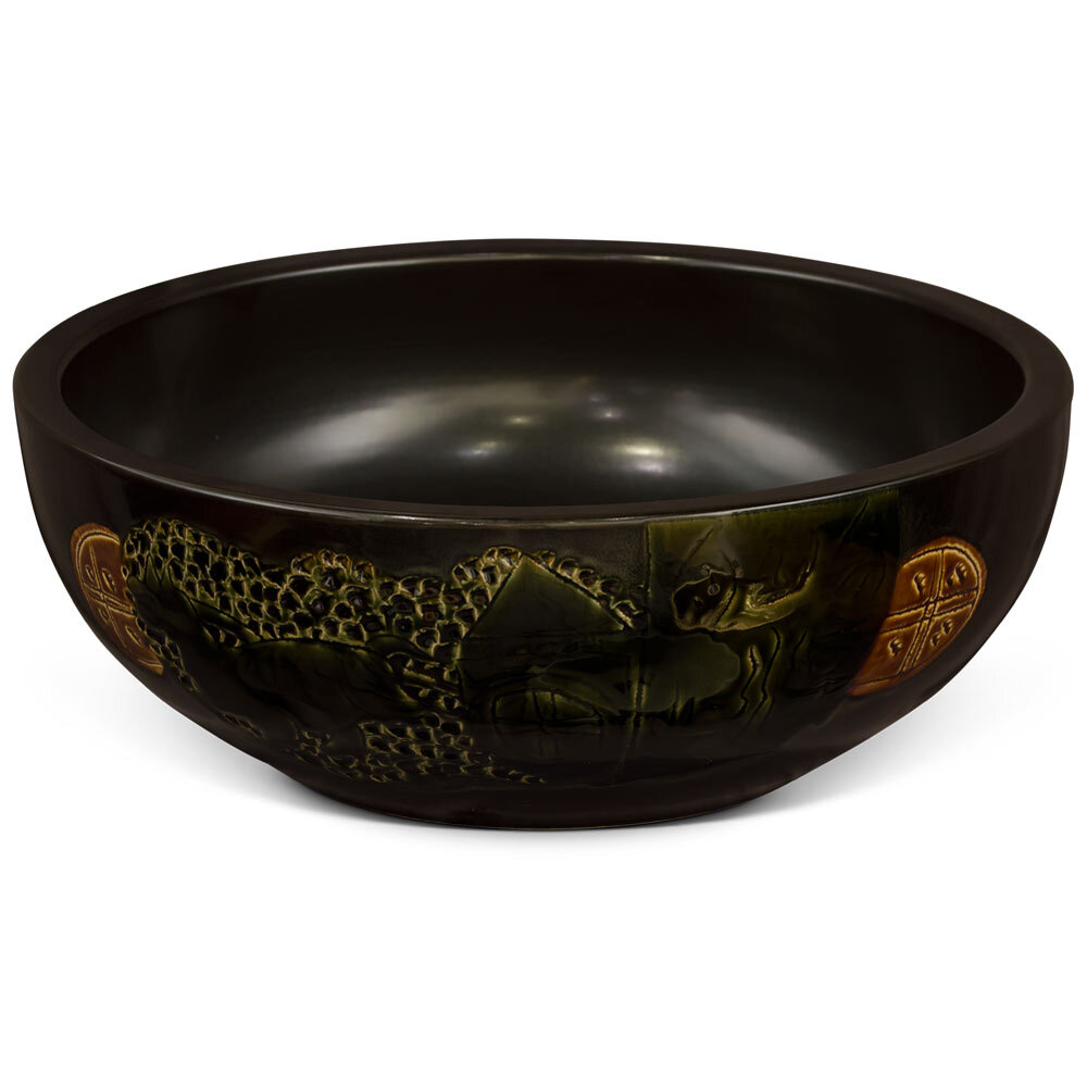 US Seller – 16in Black Chinoiserie Motif Oriental Porcelain Basin