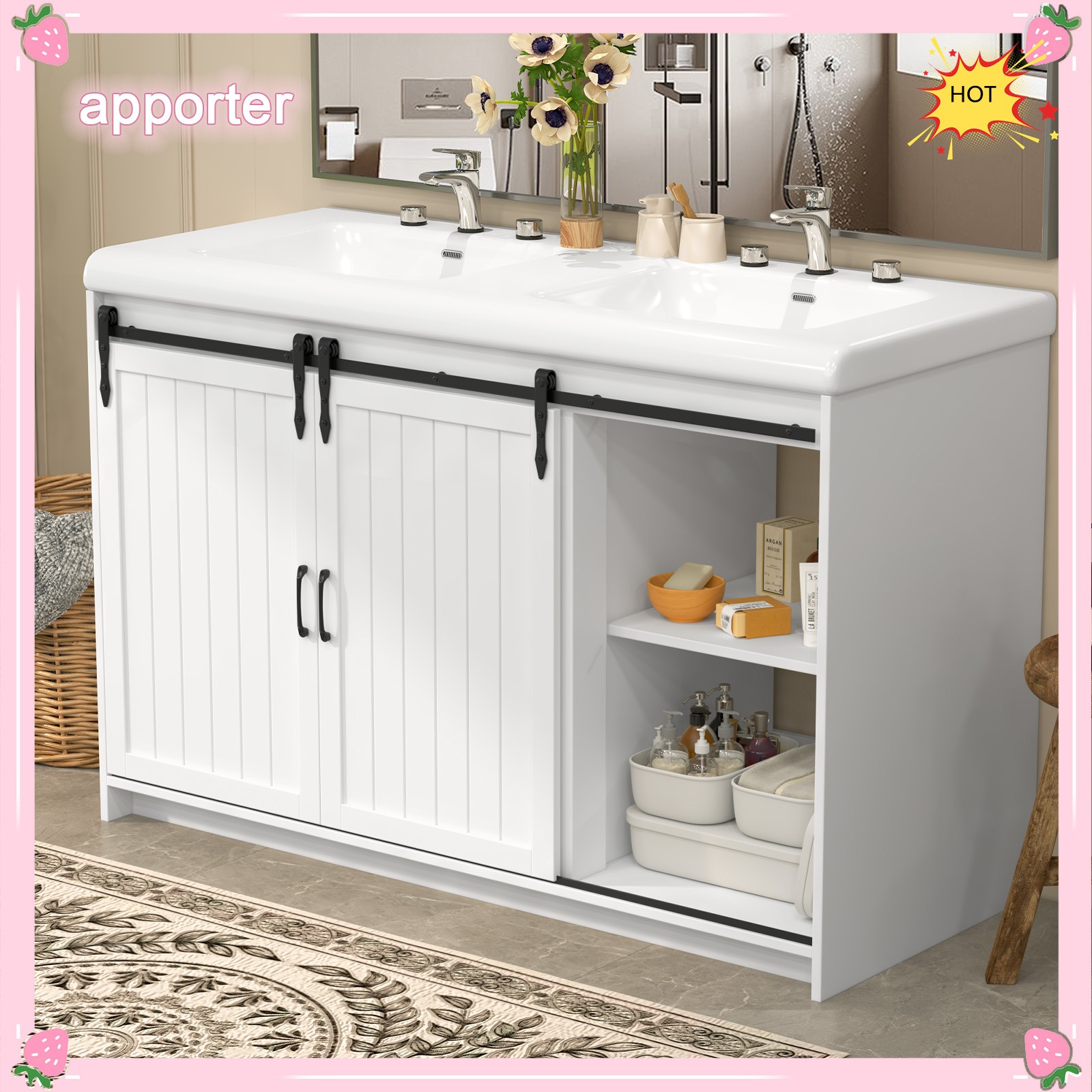 47.3″ Bathroom Double Sink Vanity Cabinet Ceramic Vessel Double Sink Cabinet US