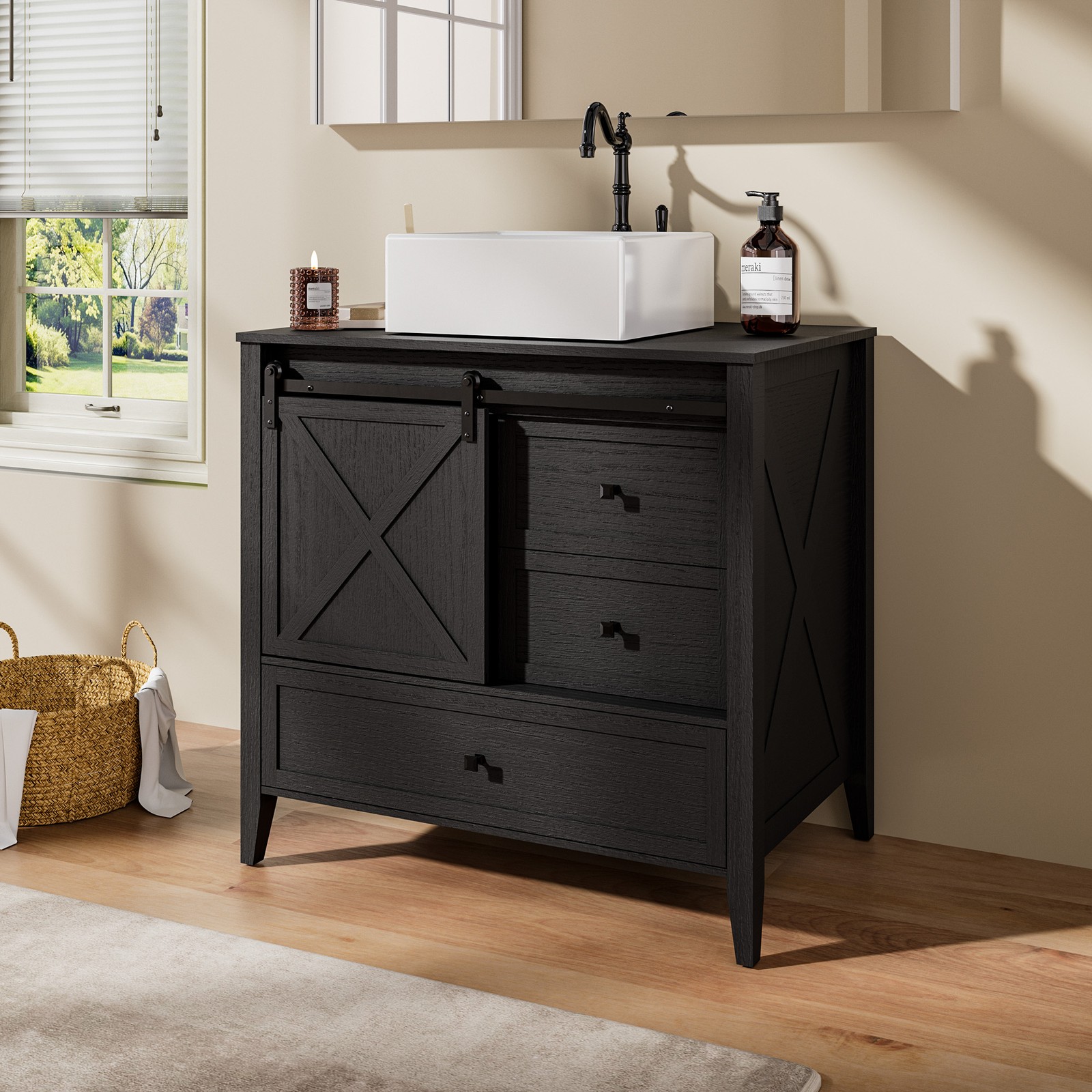 36″ Bathroom Vanity w/ Sink Single Cabinet Ceramic Basin No Mirror Faucet Black