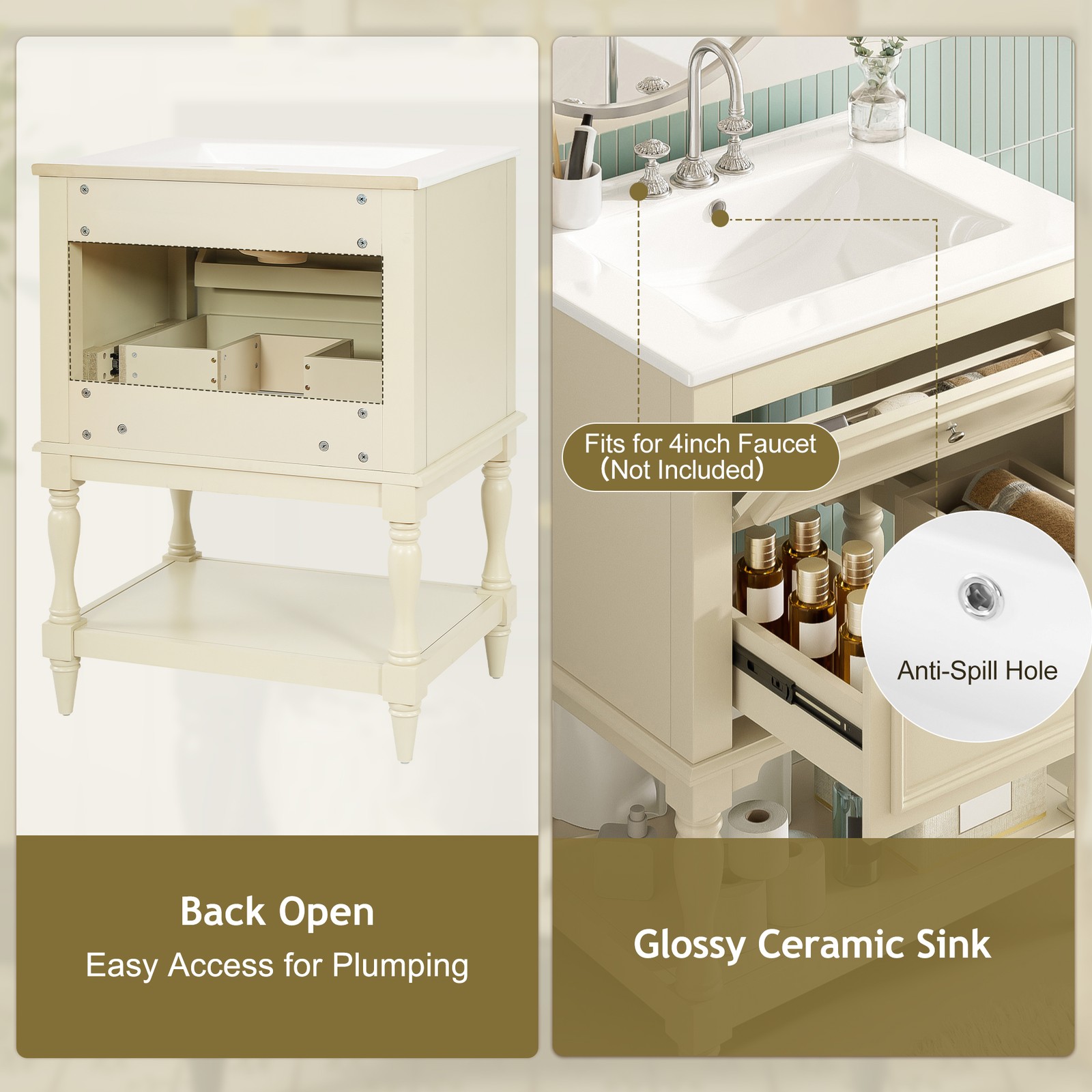FUNIDEE 24″ Bathroom Vanity with Ceramic Sink Storage Cabinet w/ 2 Drawers Beige