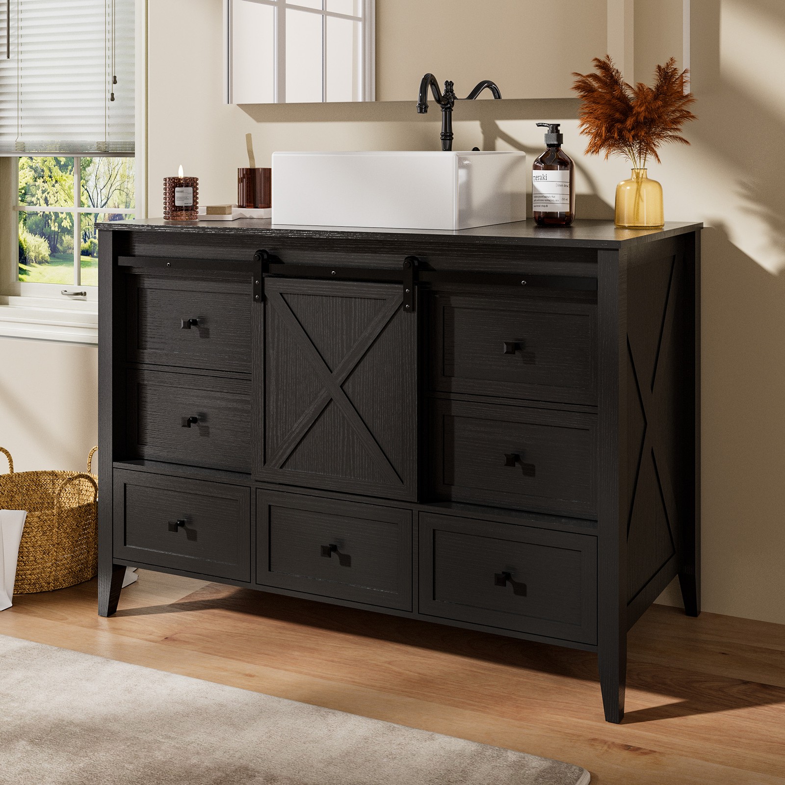 48″ Bathroom Vanity Wood Grain Cabinet with Ceramic Sink NO Faucet Combo Set
