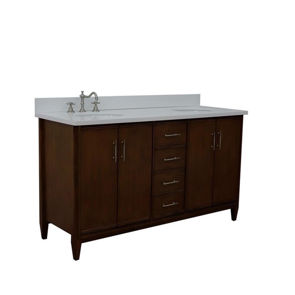 Pemberly Row 61″ Double Oval Sink Solid Wood Vanity in Walnut/White Quartz Stone