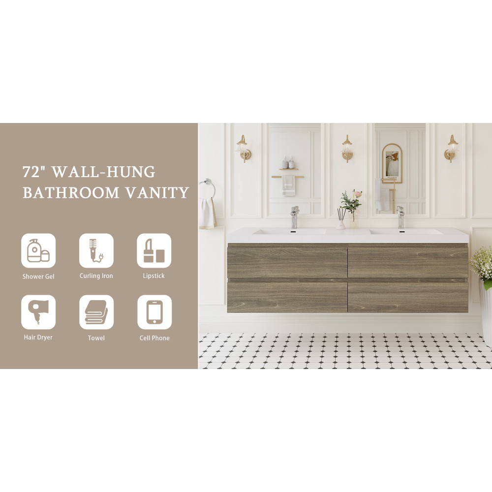 72” Wall Mount Bathroom Vanity with 2 Sinks, Solid Surface Top, Ash Gray