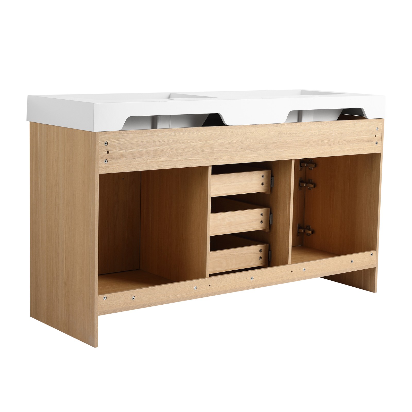 60 in Plywood Bathroom Vanity Freestanding W/Double Resin Sink +2 Doors 6Drawers