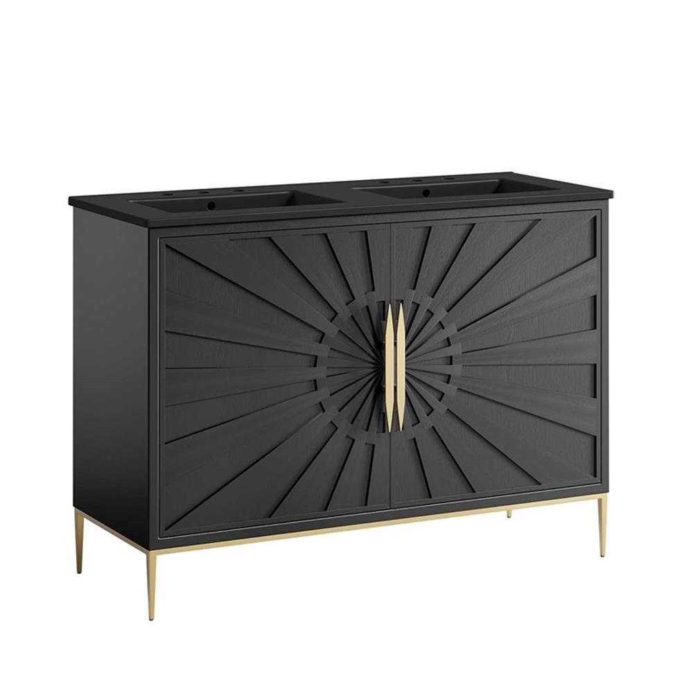 Pemberly Row 48″ Solid Wood and MDF Double Sink Bathroom Vanity in Black