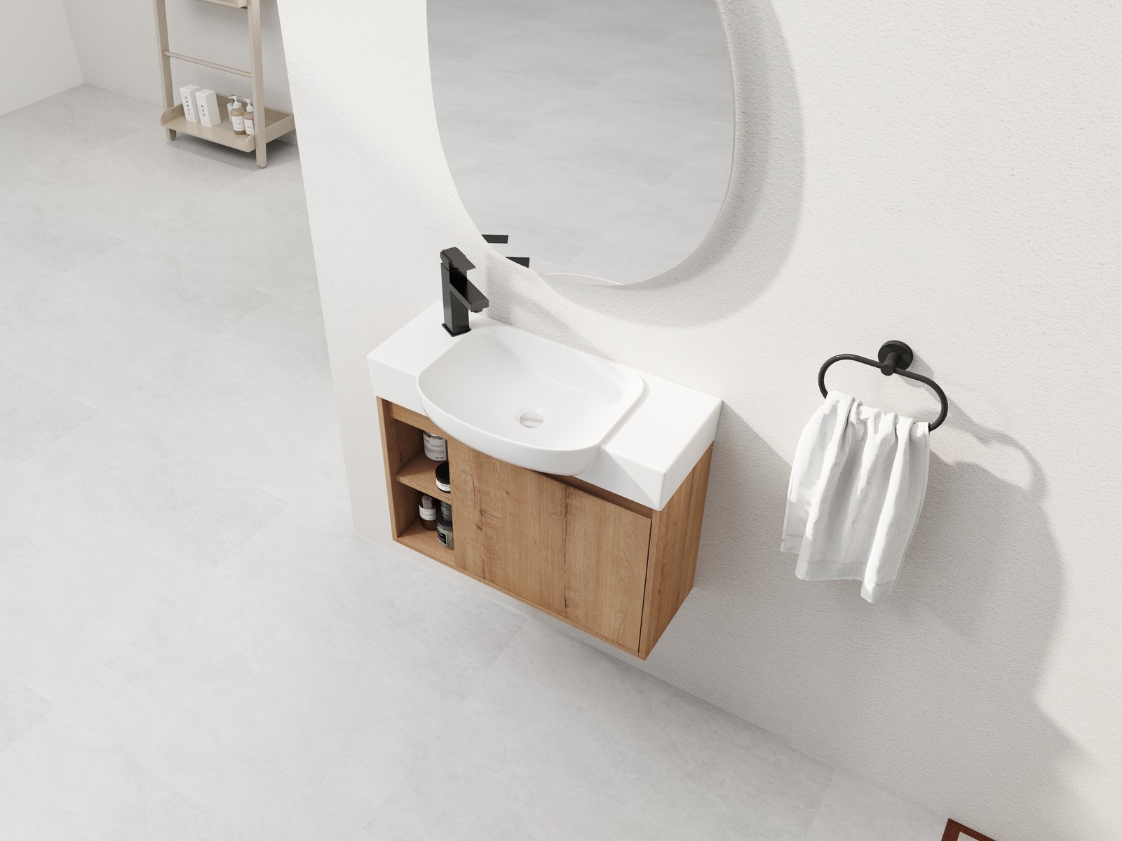26in Plywood Freestanding Bathroom Vanity W/ Ceramic Sink Basin Door Shelf Oak