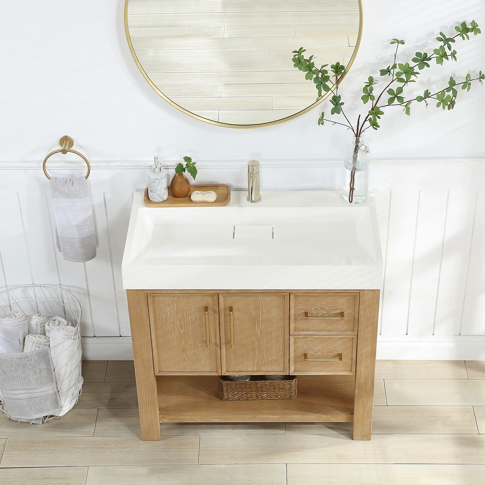 Vera 36″ Single Bath Vanity in Washed Ash Grey with White Integrated Stone Sink