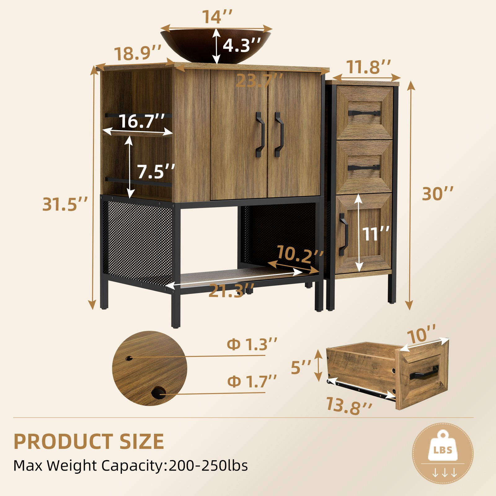 36″ Bathroom Vanity with Sink Open Shelves and 3 Storage Drawers Side Cabinet