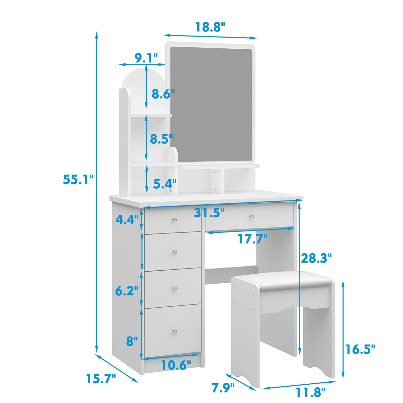 White Vanity Set with Mirror Dressing Table Desk Stool 5 Drawers Shelves