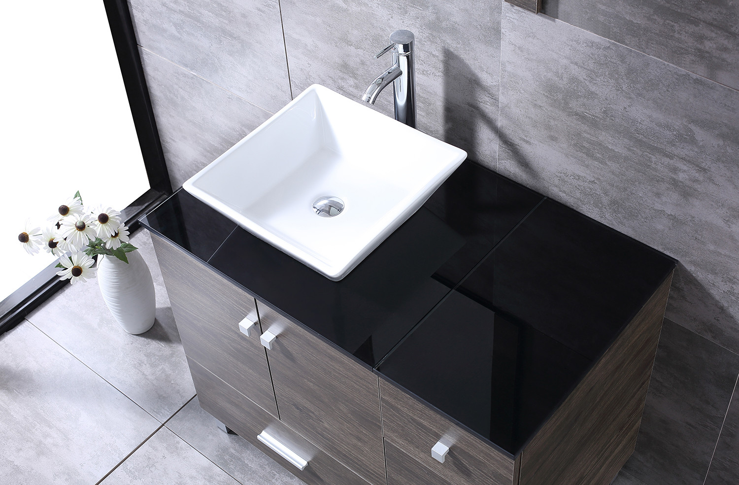 36inch Bathroom Vanity Single Cabinet 4 Ceramic Sink w/Black Glass Top Set Brown