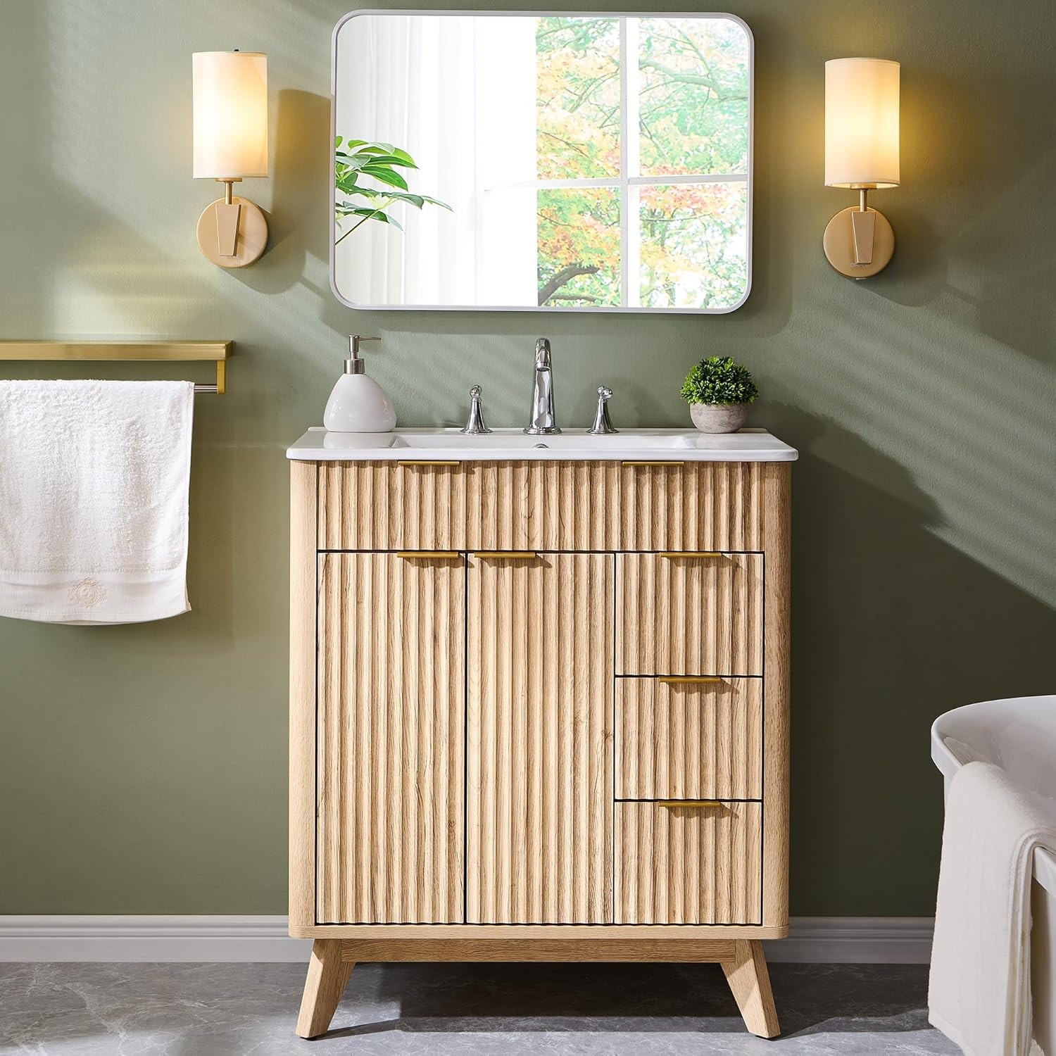 T4TREAM 30″ Fluted Bathroom Vanity with Ceramic Sink Combo，Freestanding Modern B
