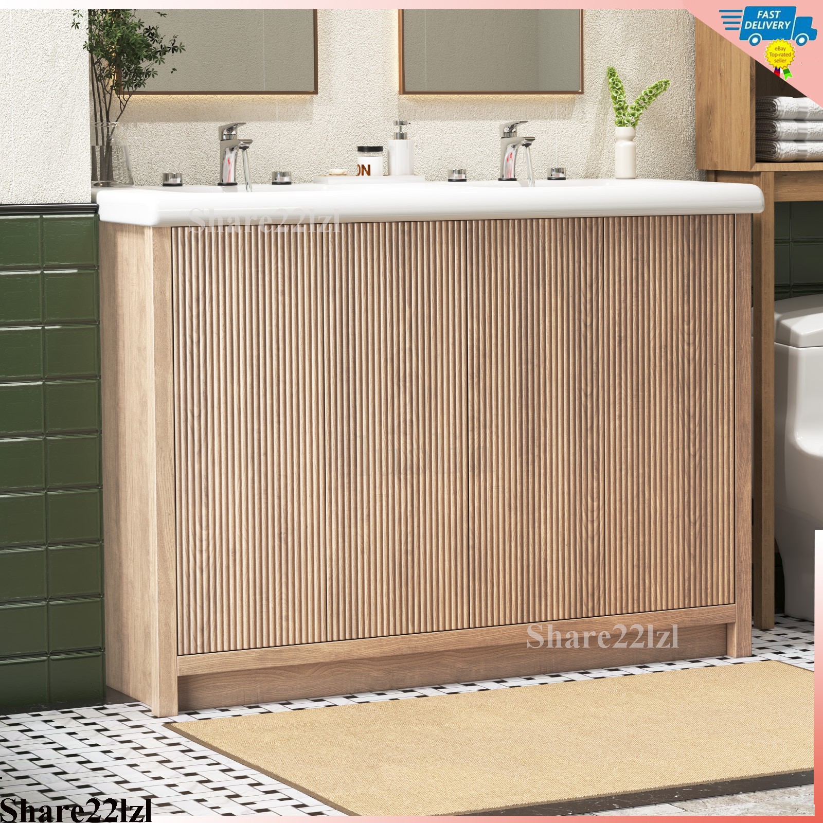 47″ Bathroom Vanity with Double Ceramic Sink, Modern Storage Cabinet with Doors