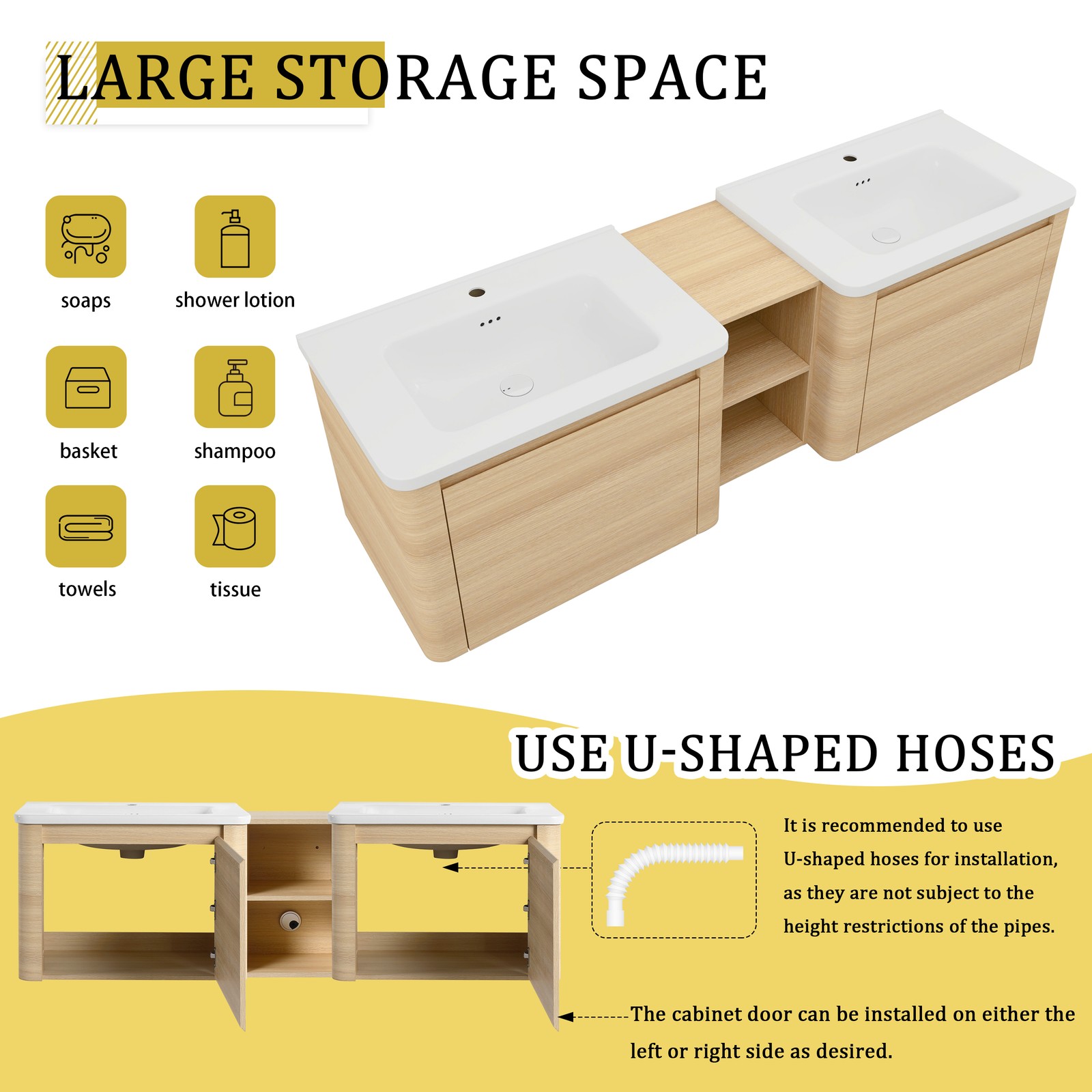 68in Plywood Wall-Mounted Bathroom Vanity W/ 2x White Ceramic Sink and Shelves