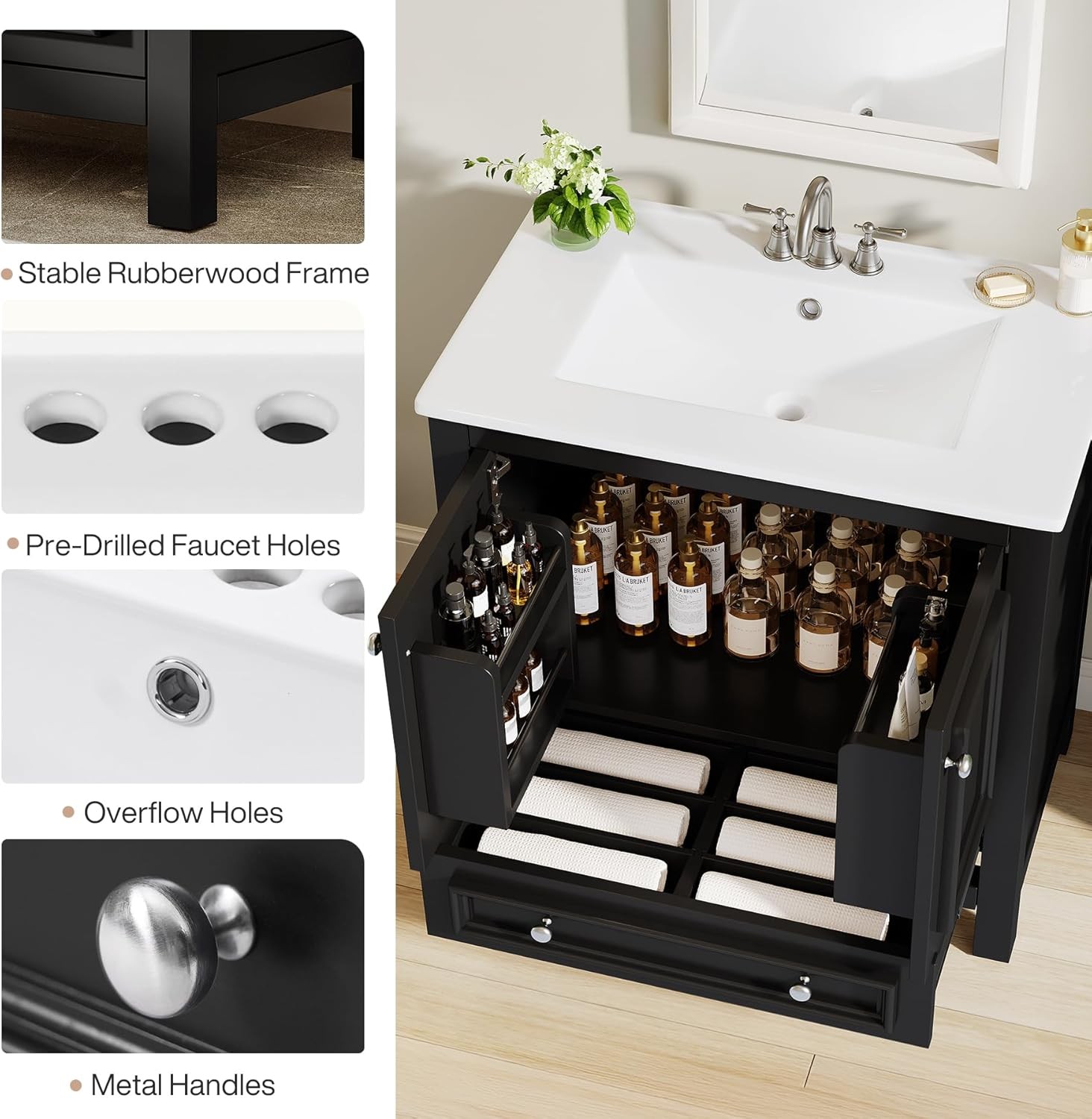 30″Modern Bathroom Vanity w/Sink Wooden Bathroom Cabinet with 2 Doors &1 Drawer