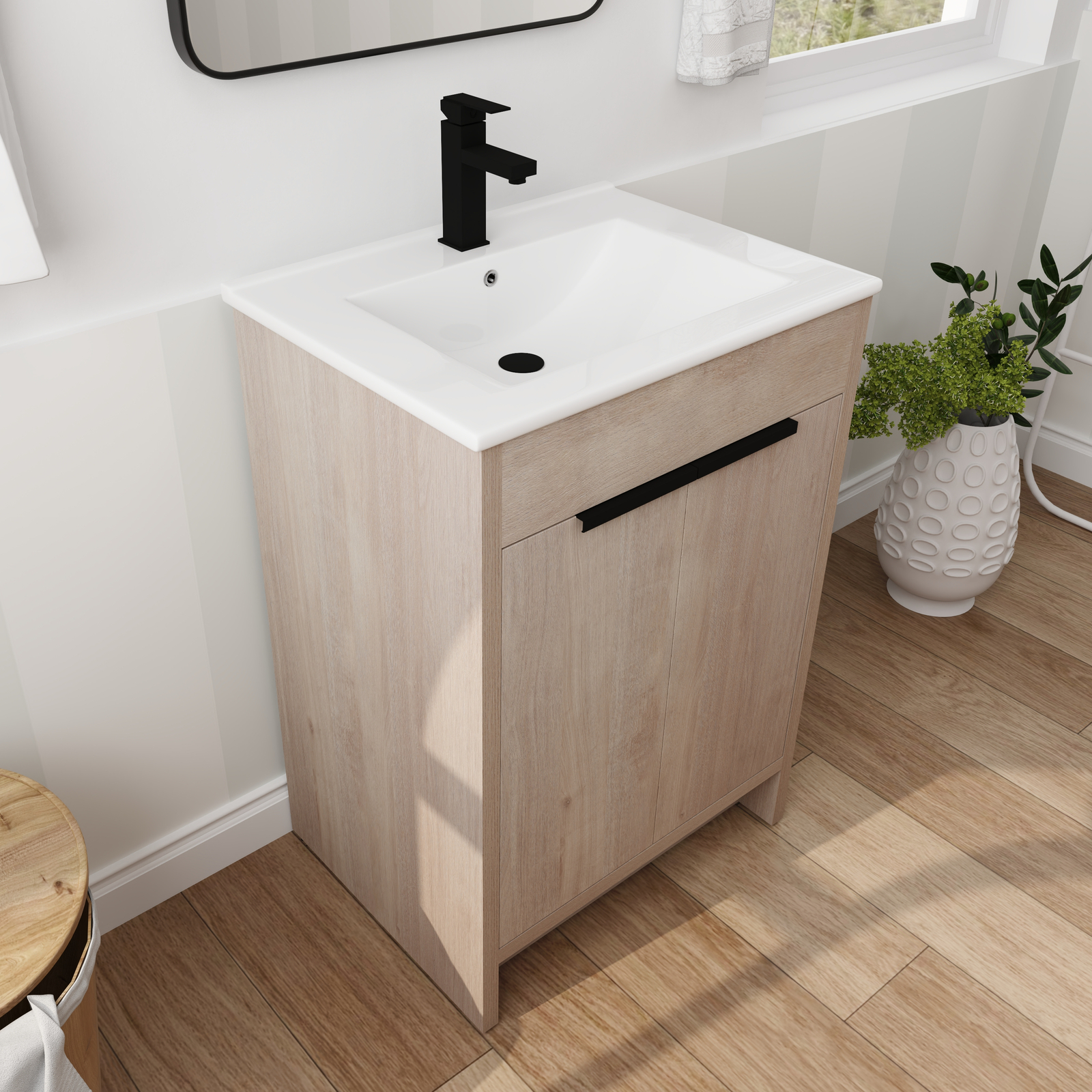 24in Wooden Freestanding Bathroom Vanity Ceramic Sink +2Doors +Adjustable Shelf