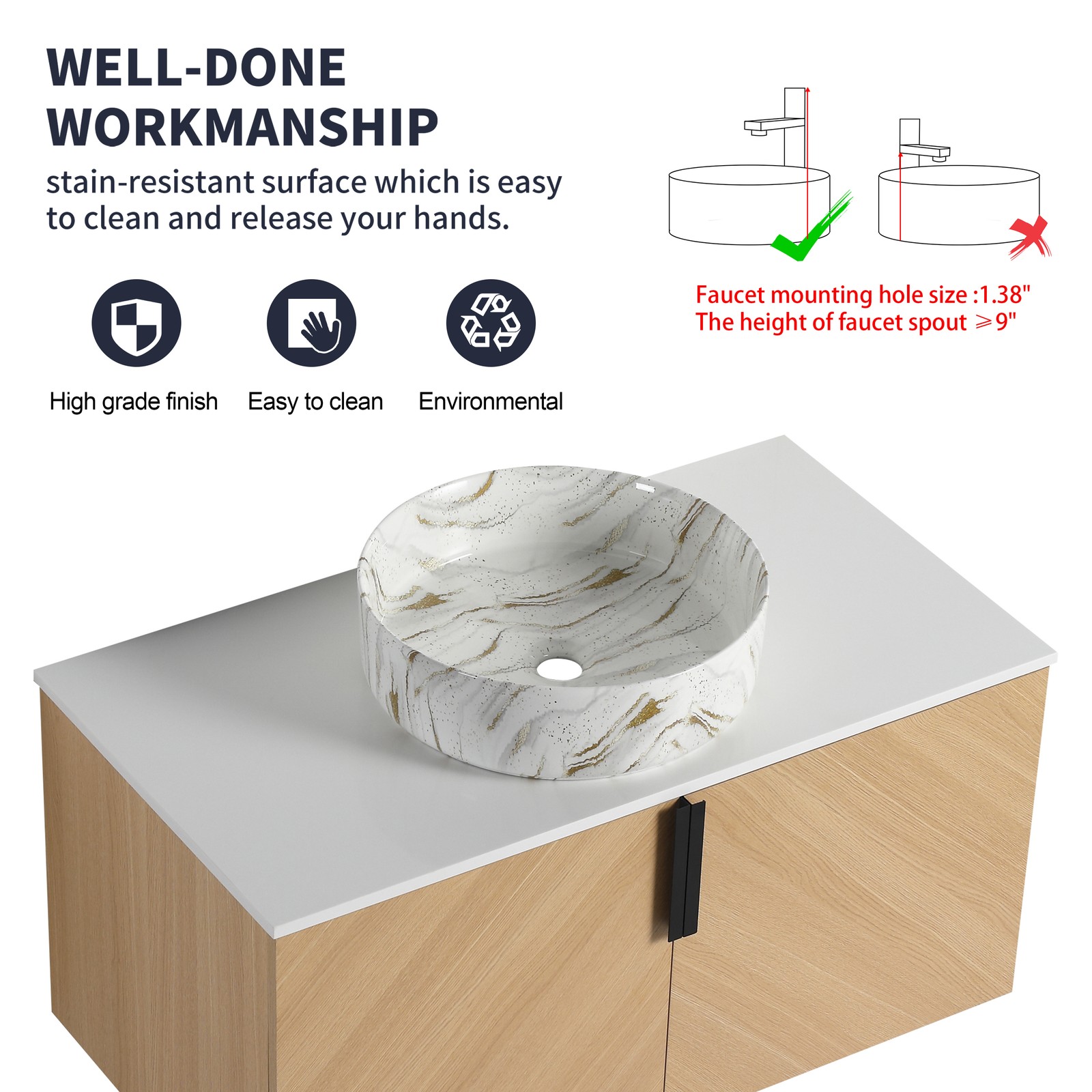 36 in Wall-Mounted Bathroom Vanity W/ Ceramic Vessel Sink Artificial Stone Slab