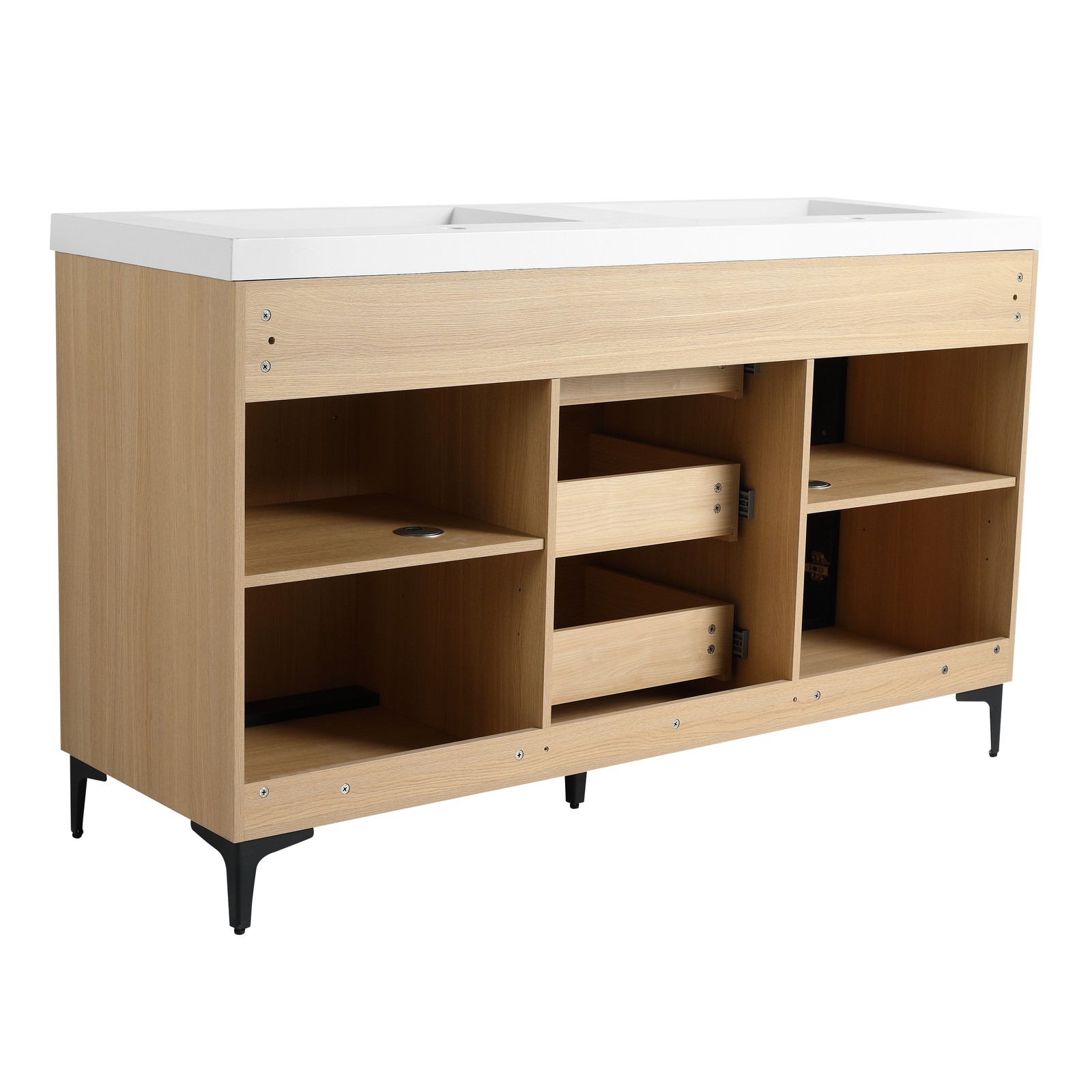 60 in Plywood Bathroom Vanity Freestanding W/Double Resin Sink +2 Doors 3Drawers