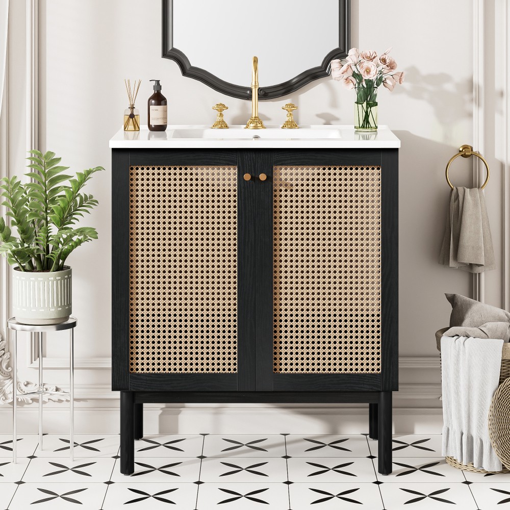 30in bathroom vanity crafted from natural materials featuring handmade rattan