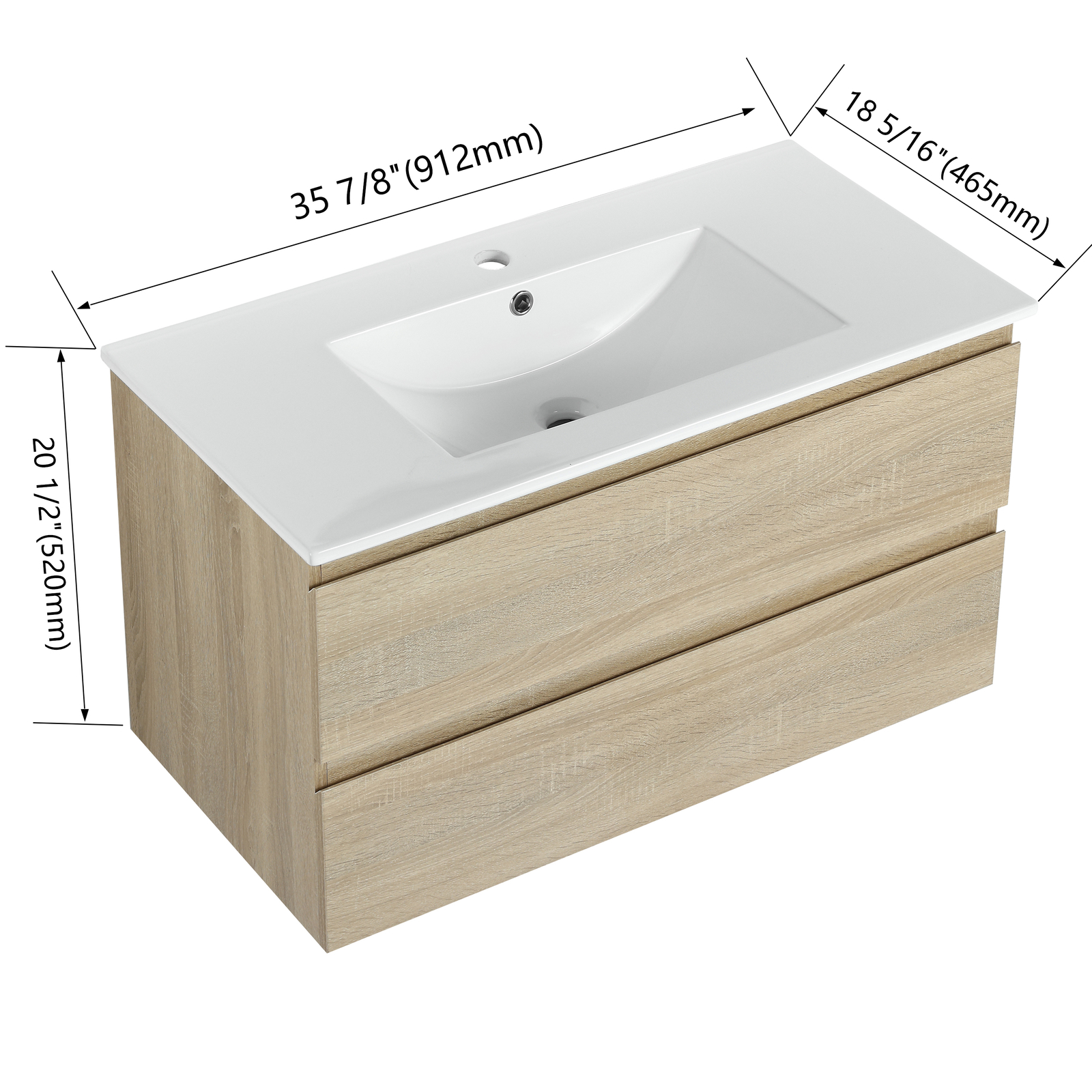 36″ Wood Wall Mounted Bathroom Vanity W/ 2 Drawers +Ceramic Sink Basin Light Oak