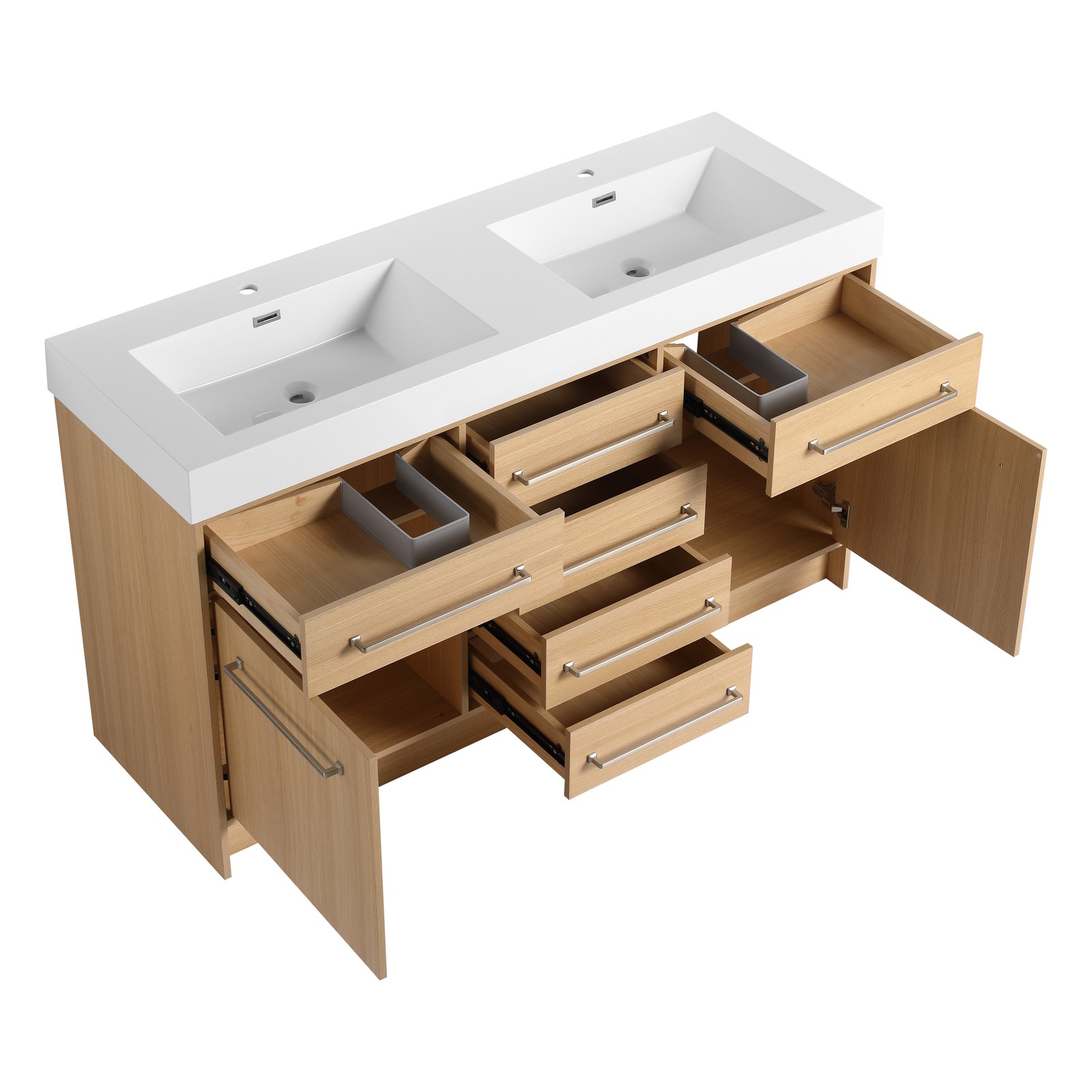 60 in Plywood Bathroom Vanity Freestanding W/Double Resin Sink +2 Doors 6Drawers