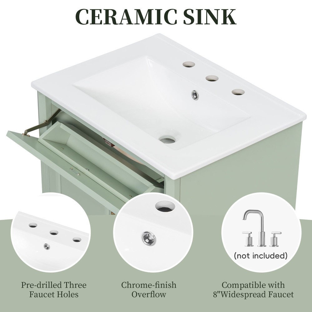 24″ Freestanding Vanity with Ceramic Sink & 3 Drawers, Solid Wood & MDF, Green