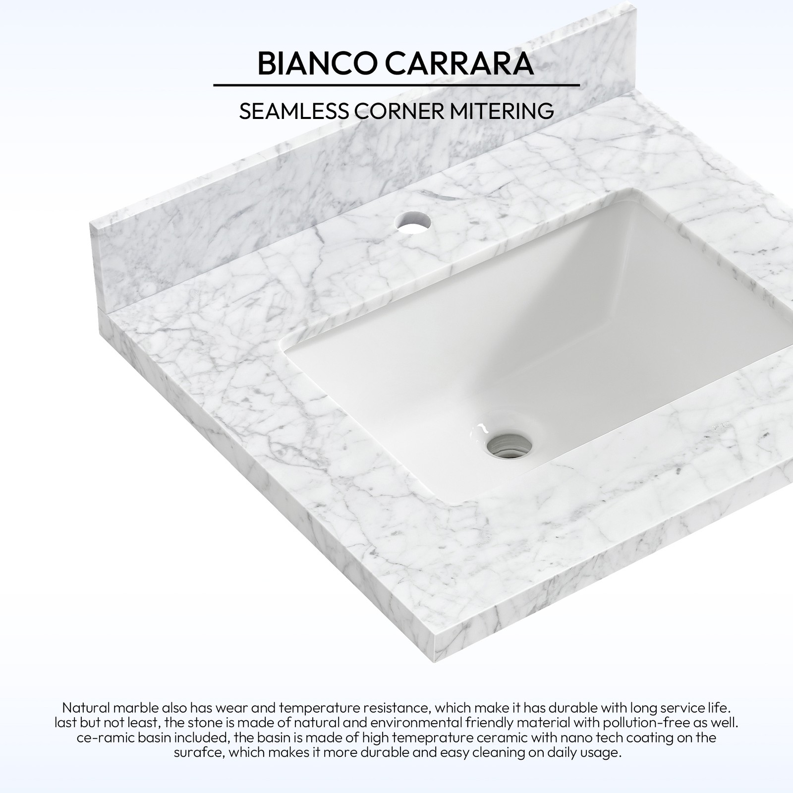 Zevio 25″W x 22″D Natural Marble Vanity Top in Carrara White with Ceramic Sink