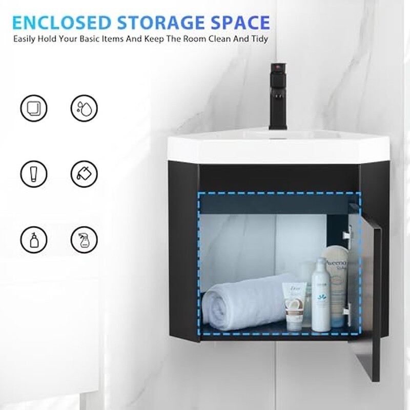 Corner Bathroom Vanity Sink Combo Space Saving Floating Cabinet Durable Faucet