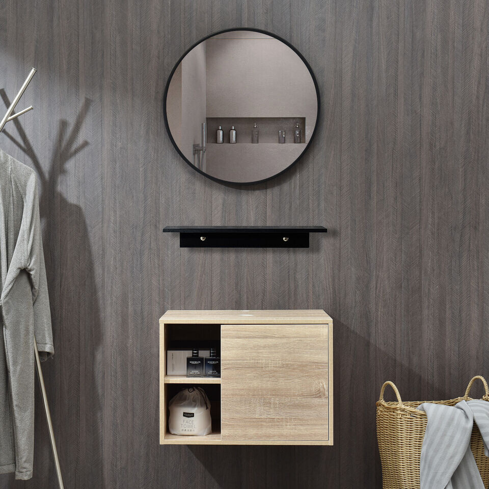 ELECWISH Bathroom Vanity 24″ Floating Cabinet w/ Round Mirror Wall-Mounted Shelf