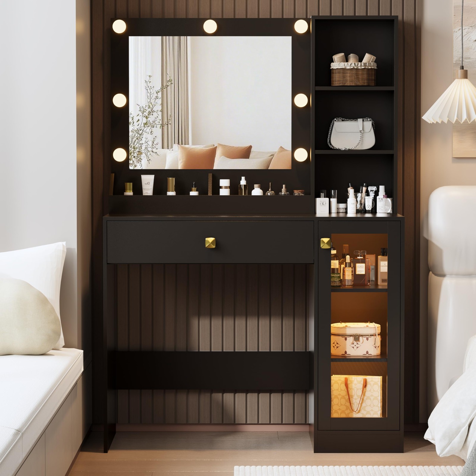 34in Makeup Vanity with Mirror Lights Charging Station 3 Color Lighting Modes